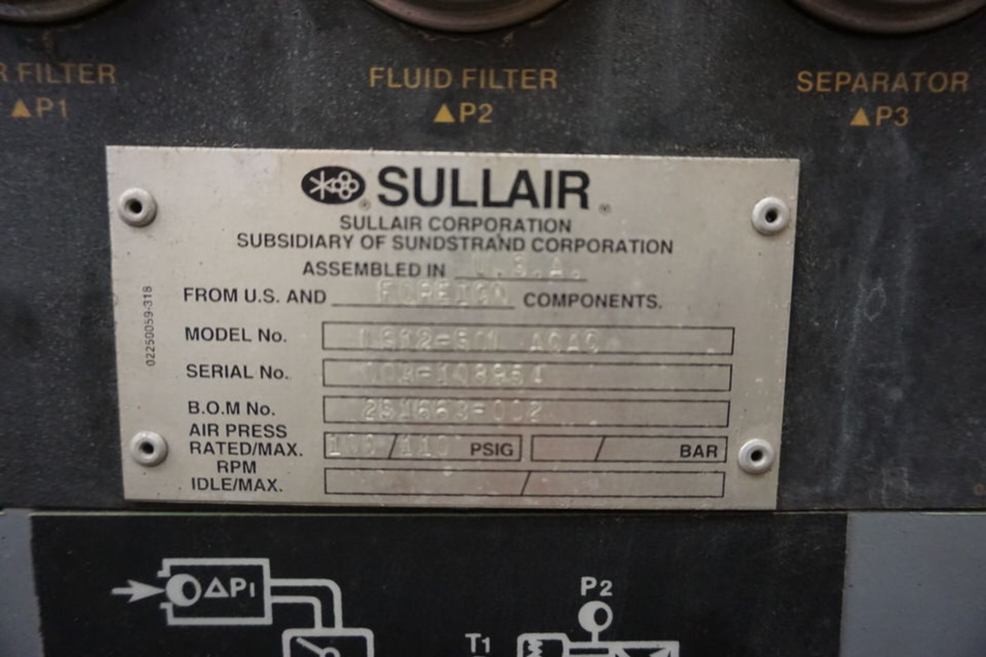 SULLAIR COMPRESSOR, AIR PESS RATED/ MAX RPM: 100/110 PSIG - Image 3 of 4