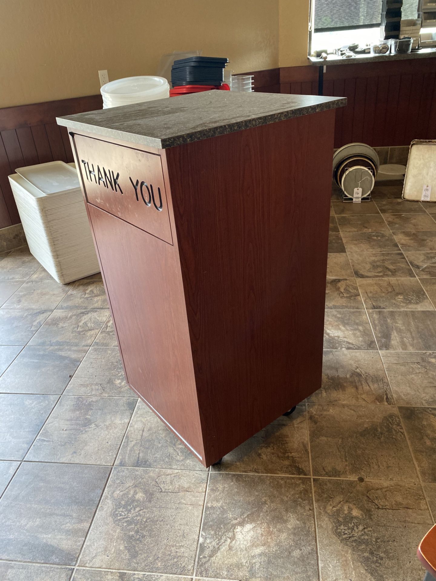 Lancaster Table & Seating Waste 35 Gallon Walnut Receptacle Enclosure with Granite Table Top and "TH - Image 2 of 2