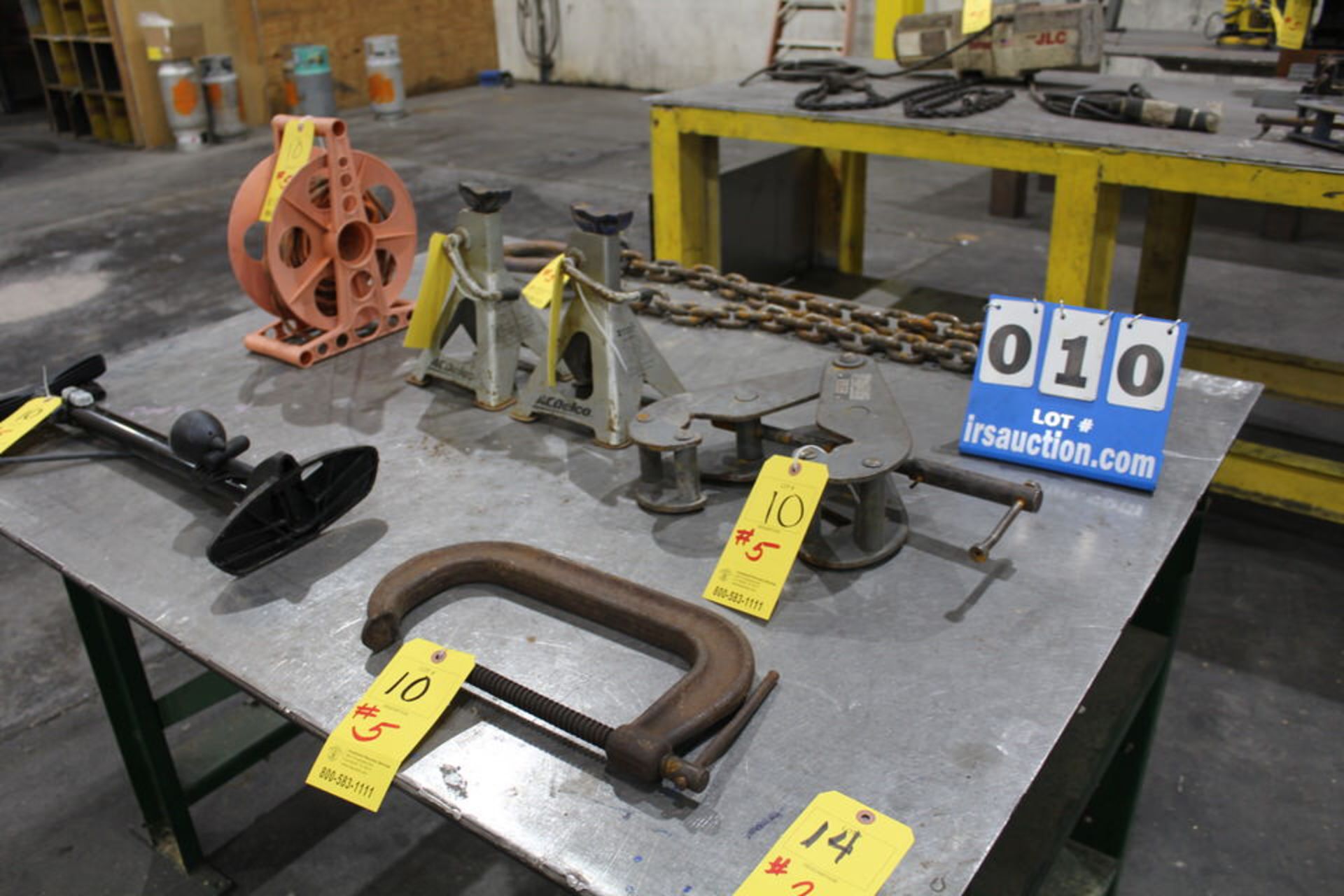 CONT OF TABLE: DOUBLE HOOK CHAIN, JET BEAM CLAMP, 10” C CLAMP, (2) AC DELCO MECHANIC STANDS, ELEC
