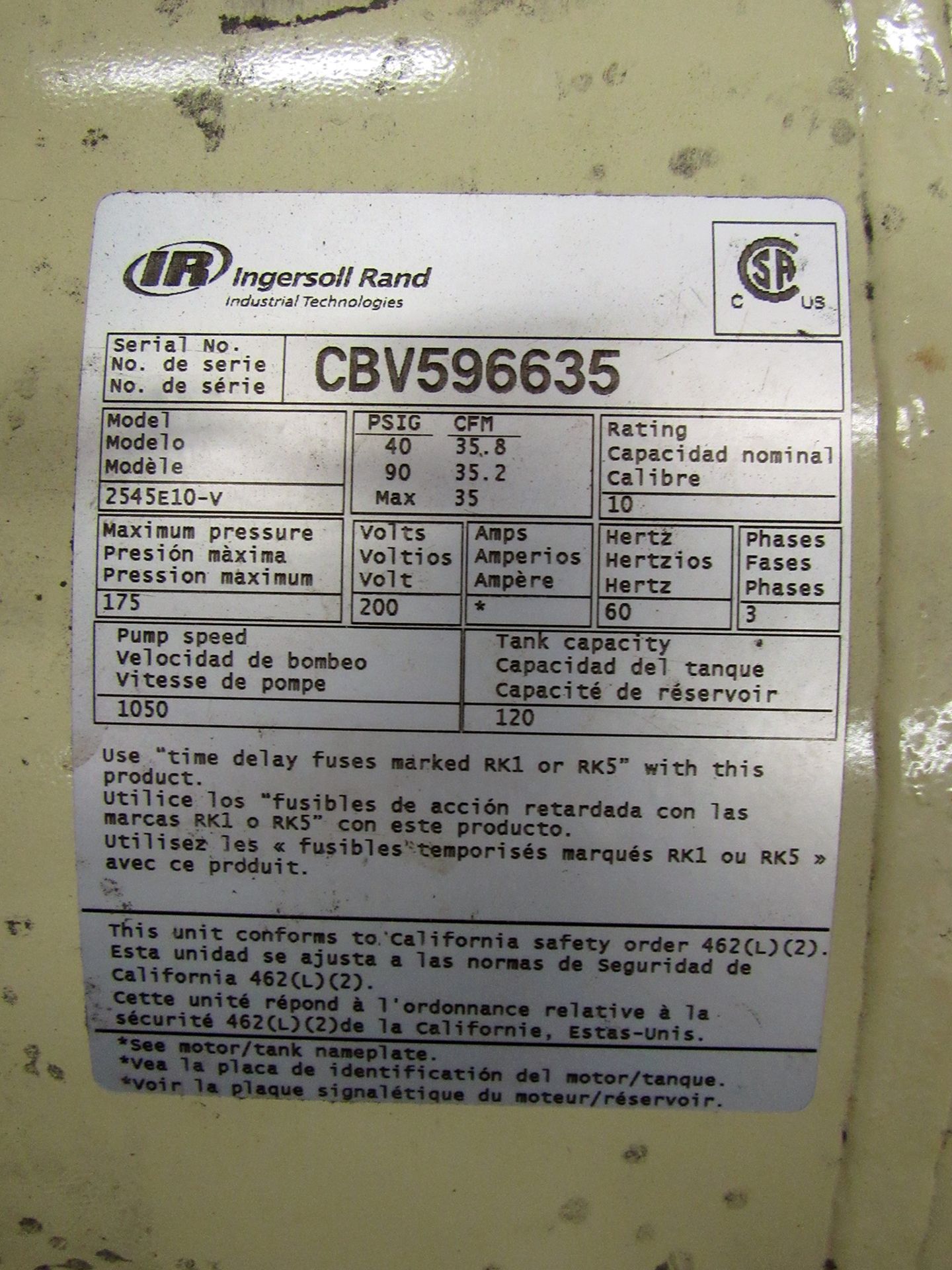INGERSOLL RAND MODEL 2545 TANK MOUNTED AIR COMPRESSOR - Image 5 of 7