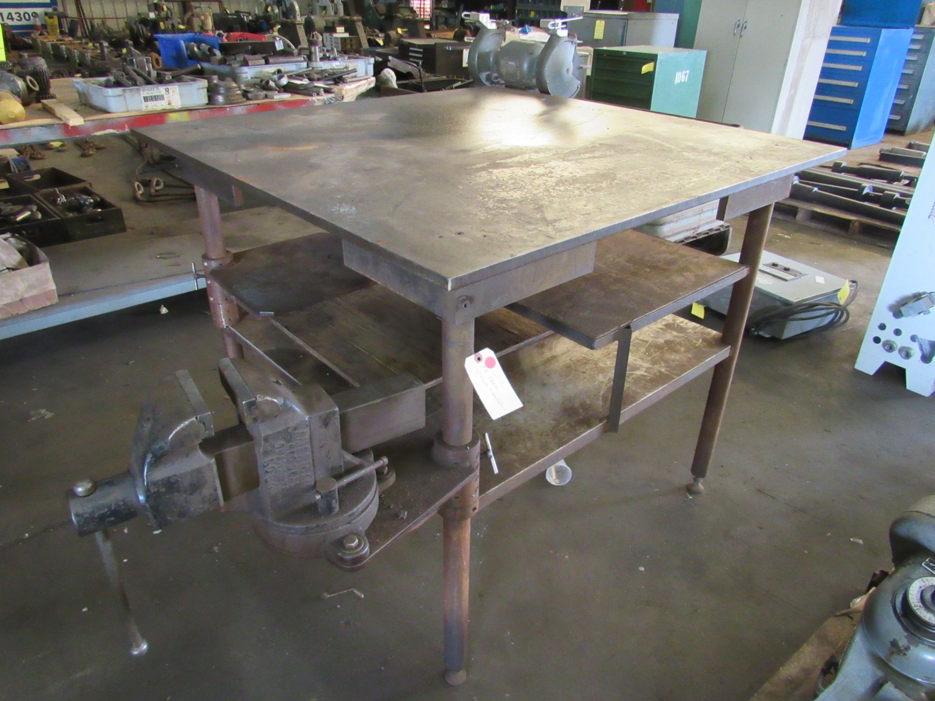 Heavy Duty Metal Table with Vise, Grinder and moveable work station