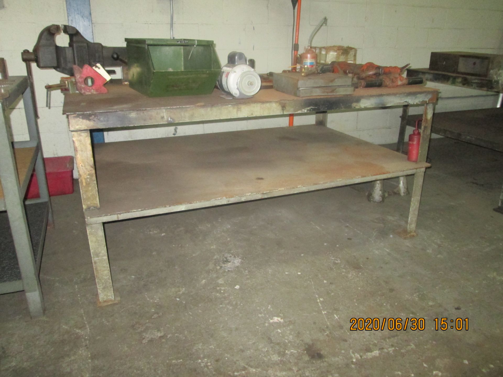 Shop Table with Vise: 72" x 45" x 34" - 1/8" metal top, 1 shelf