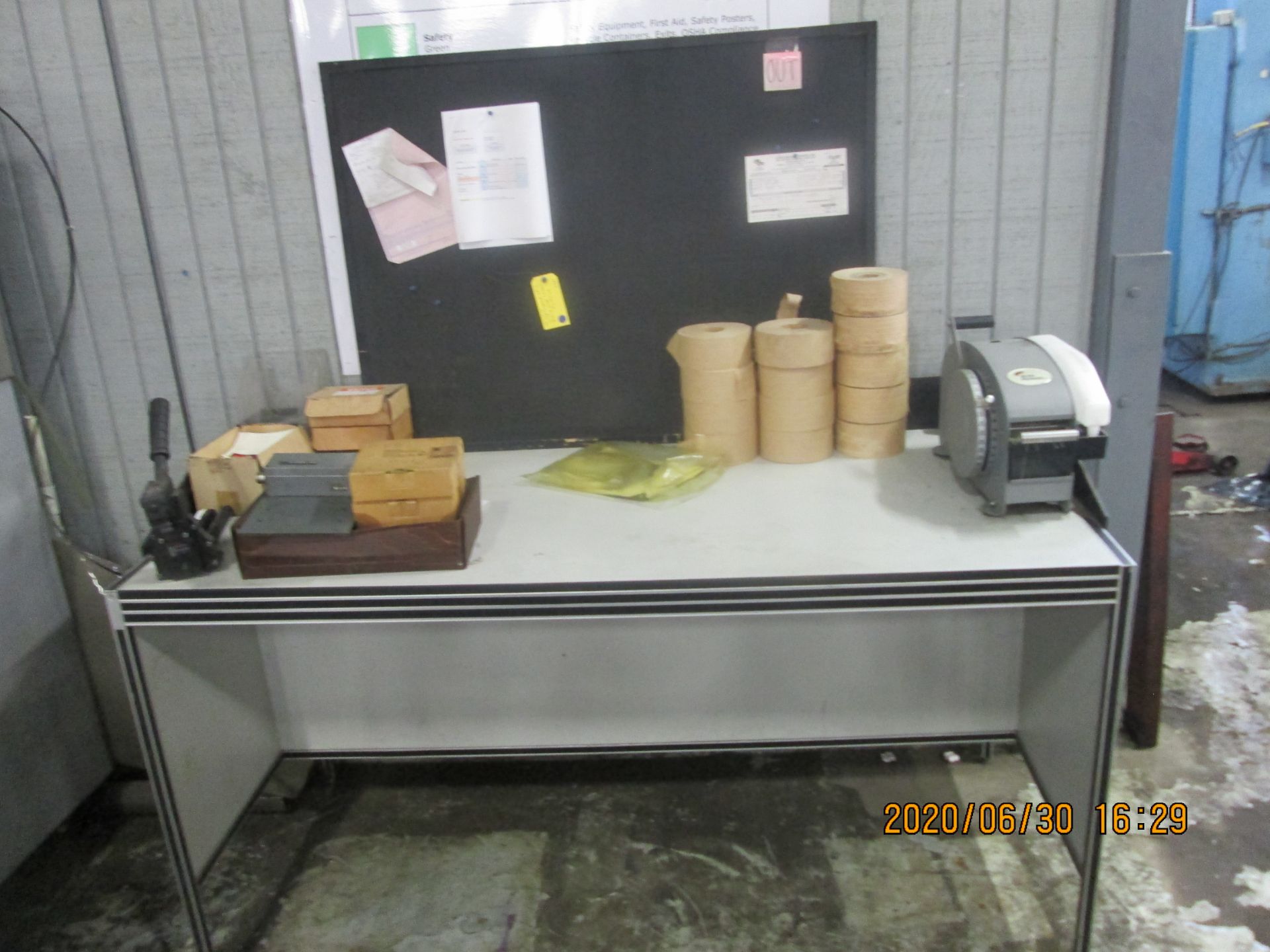 Shipping Dept. Table, Back Board, Tape Dispenser, Paper Holder, and Supplies