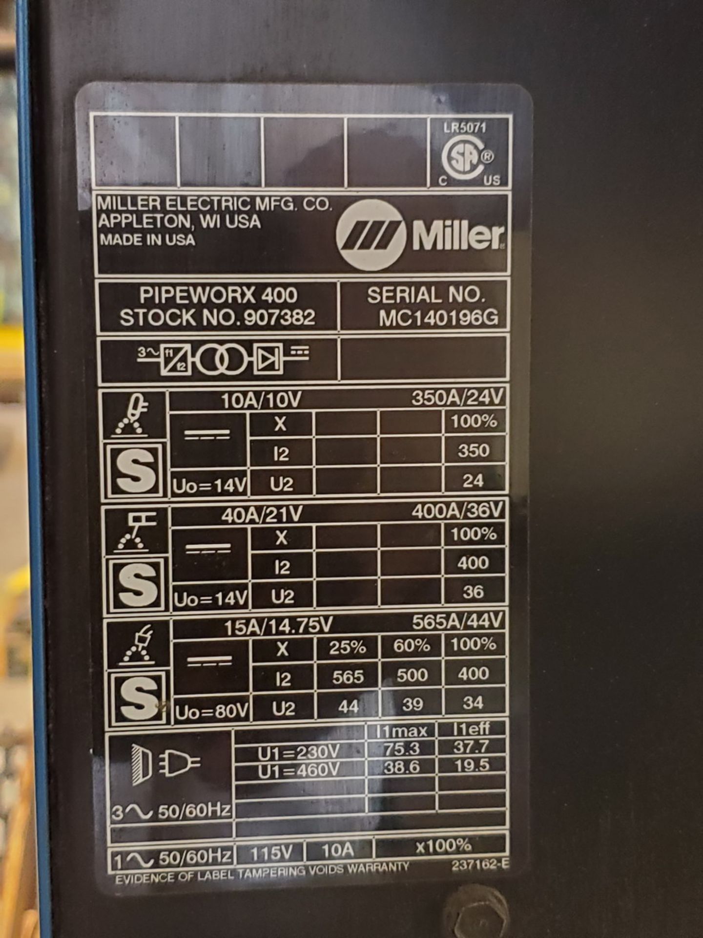 Miller Pipeworx 400 Multiprocessing Welder 350/565A, 230/460V, 50/60HZ, 3PH - Image 8 of 8