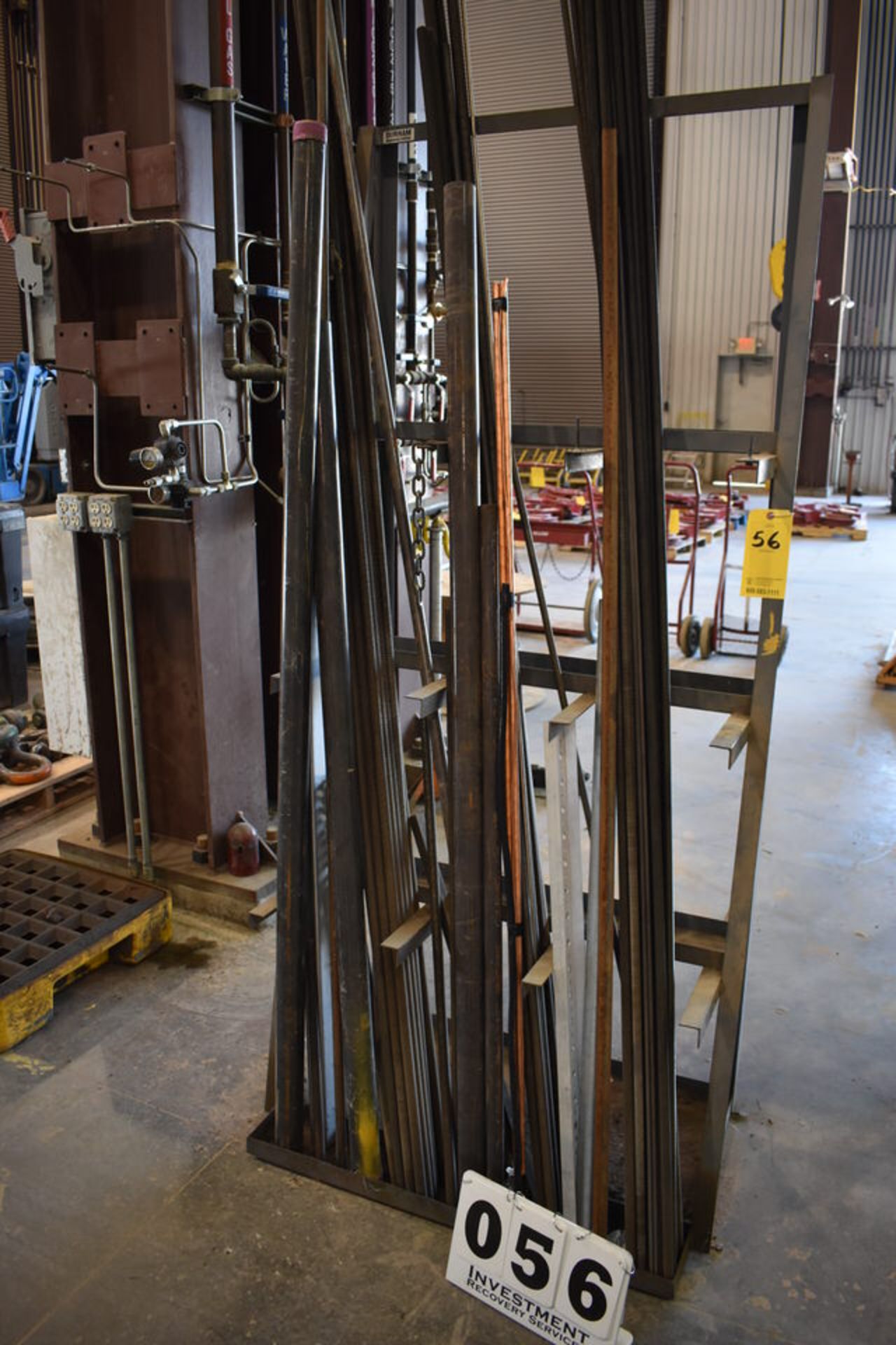 VERTICAL PIPE RACK W/ CONT: ASSORT BLACK IRON PIPE, ALL THREAD & COPPER