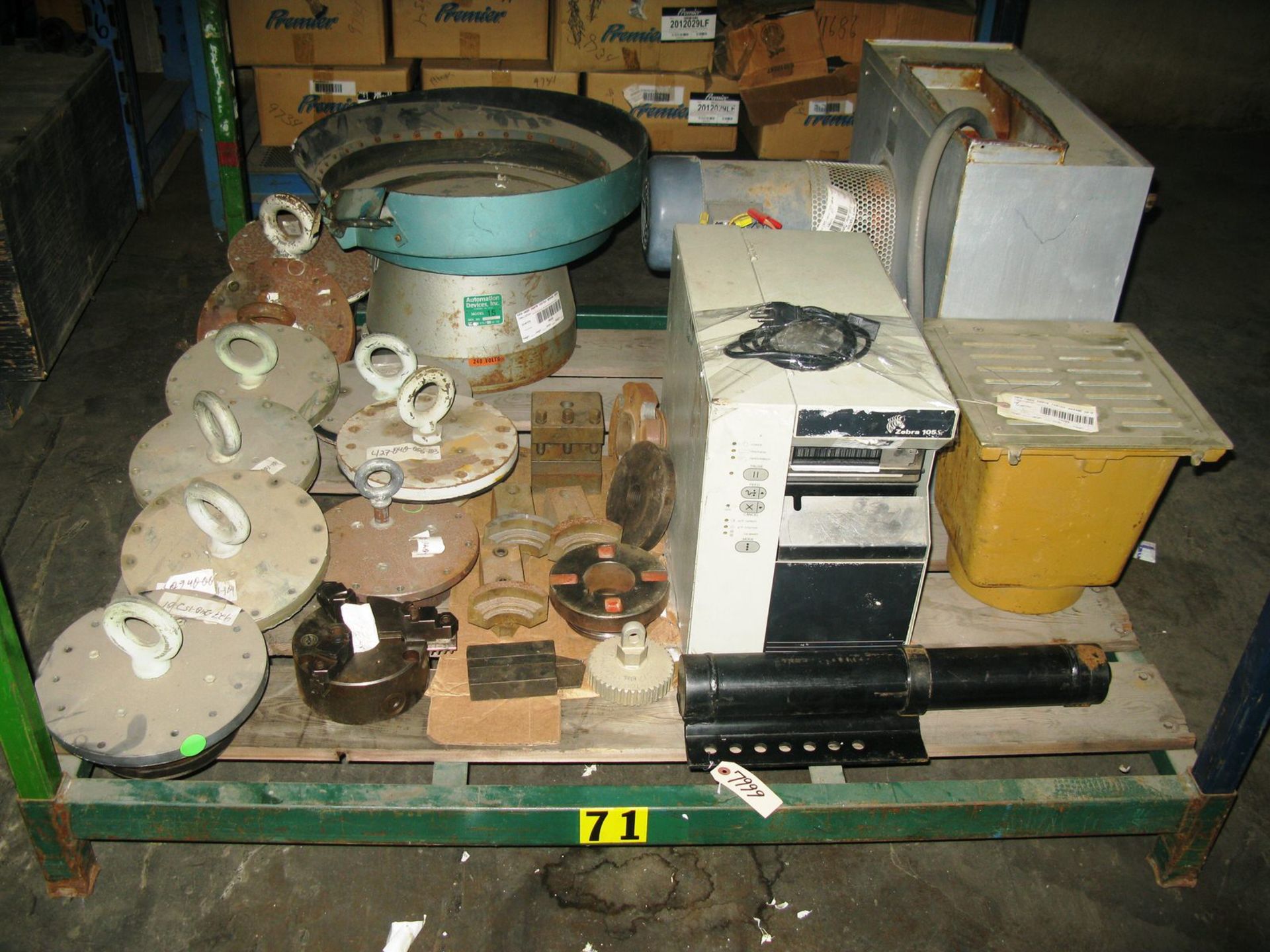 Vibratory Parts Feeder, Zebra Printer, Cast Iron Sanitary Drain, Magnetek Ventilator, Leveling Jack