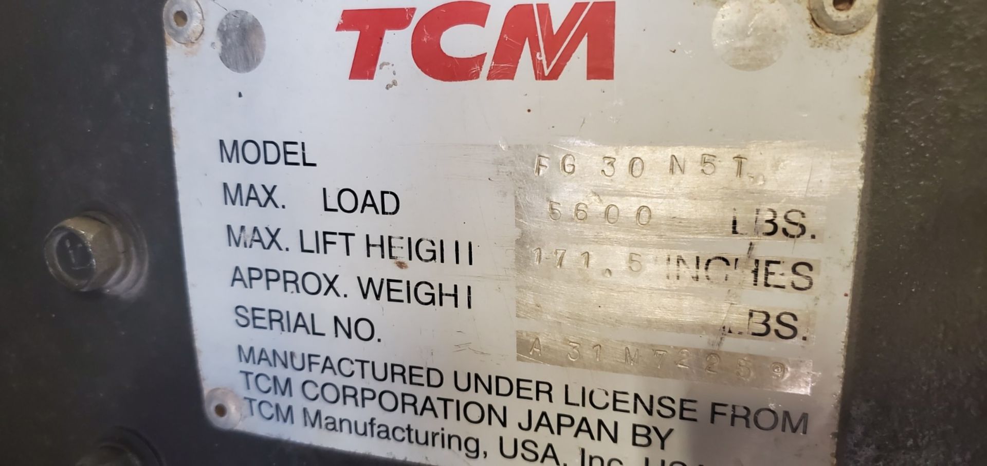 TCM FORKLIFT, LIFT CAP: 5,600 LBS, LIFT HEIGHT: 171.5", MDL:FG30N5T, 7,727 HOURS - Image 10 of 10