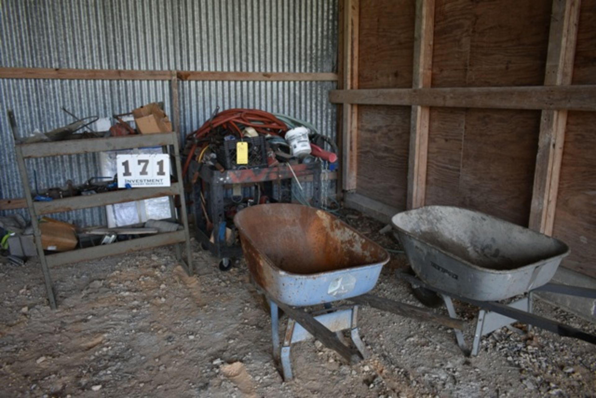 WHEEL BARRELS, CARTS W/ CONTS, SHELF W/ CONTS