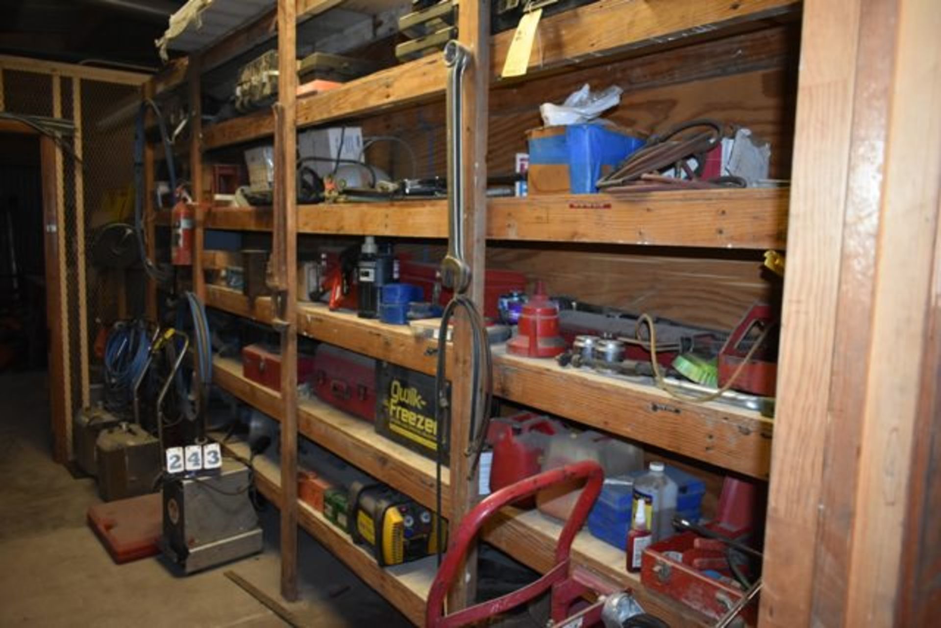 CONT OF 4 SHELVES: SOLDER GUNS, RED HEAD A-10, SHIM SETS, PULLEYS, GOODWAY REAM-A-MATIC, MISC