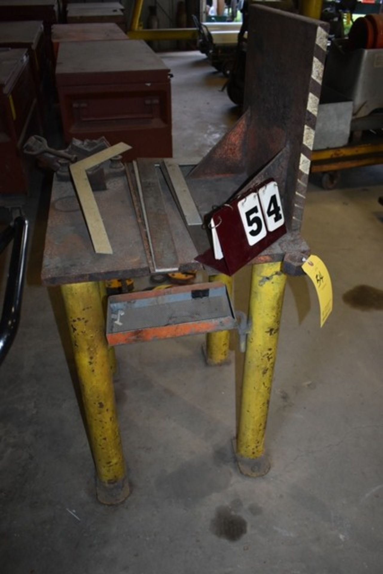 SMALL STEEL TABLE W/ PIPE CHAIN VISE, CARPENTER SQUARES