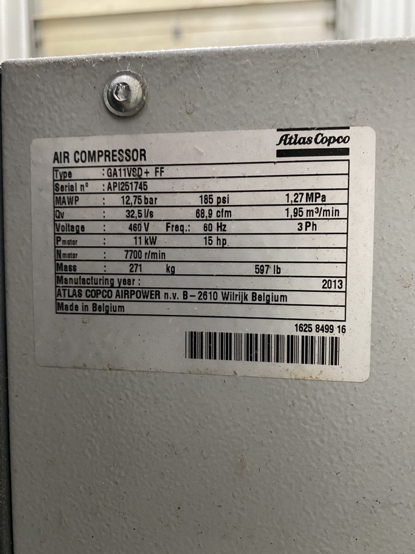 Atlas GA11VSD Air Compressor 12.75 Bar, 185 PSI, 480V, 15Hp, 7700r/min ( Late Pickup Item) - Image 3 of 3