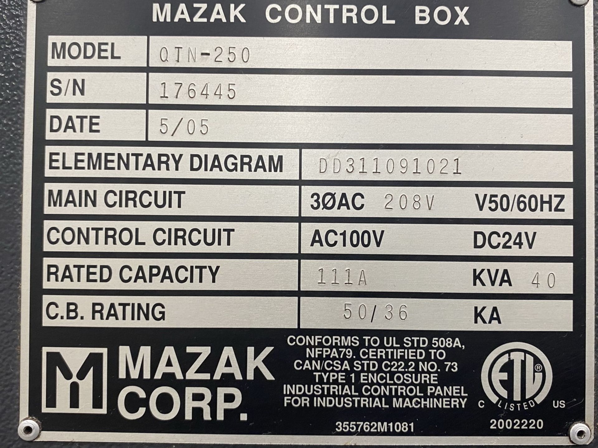 2005 Mazak QTN-250 CNC Lathe 9.05'' X-axis Travel, 22.63'' Z- axis Travel, 24'' Swing 14'' Max - Image 11 of 11