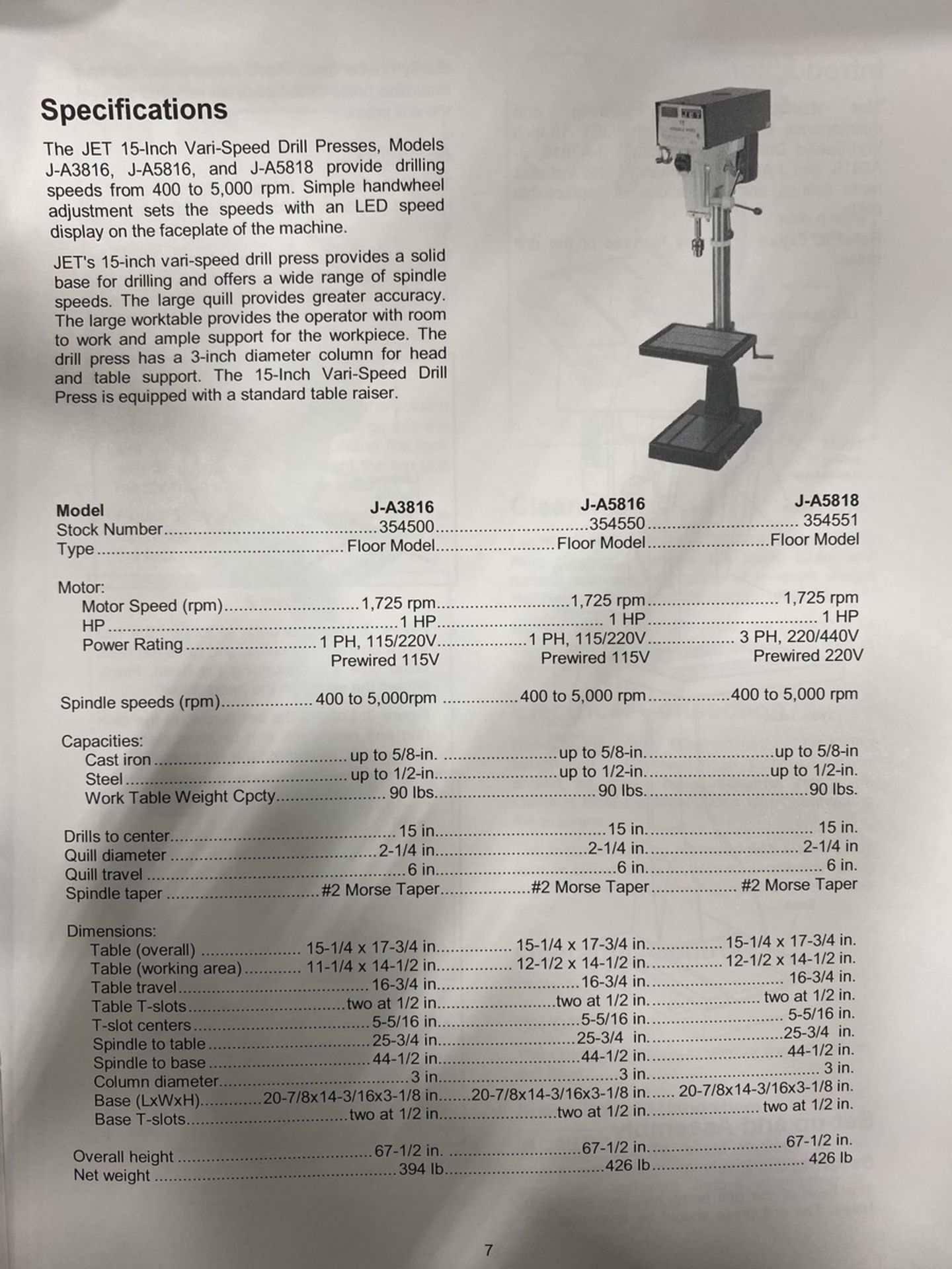 Jet J-A3816 15'' Variable Speed Floor Model Drill Press 1,725 Rpm, 1 Hp, 115/220 V, 400- 5,000 - Image 6 of 6