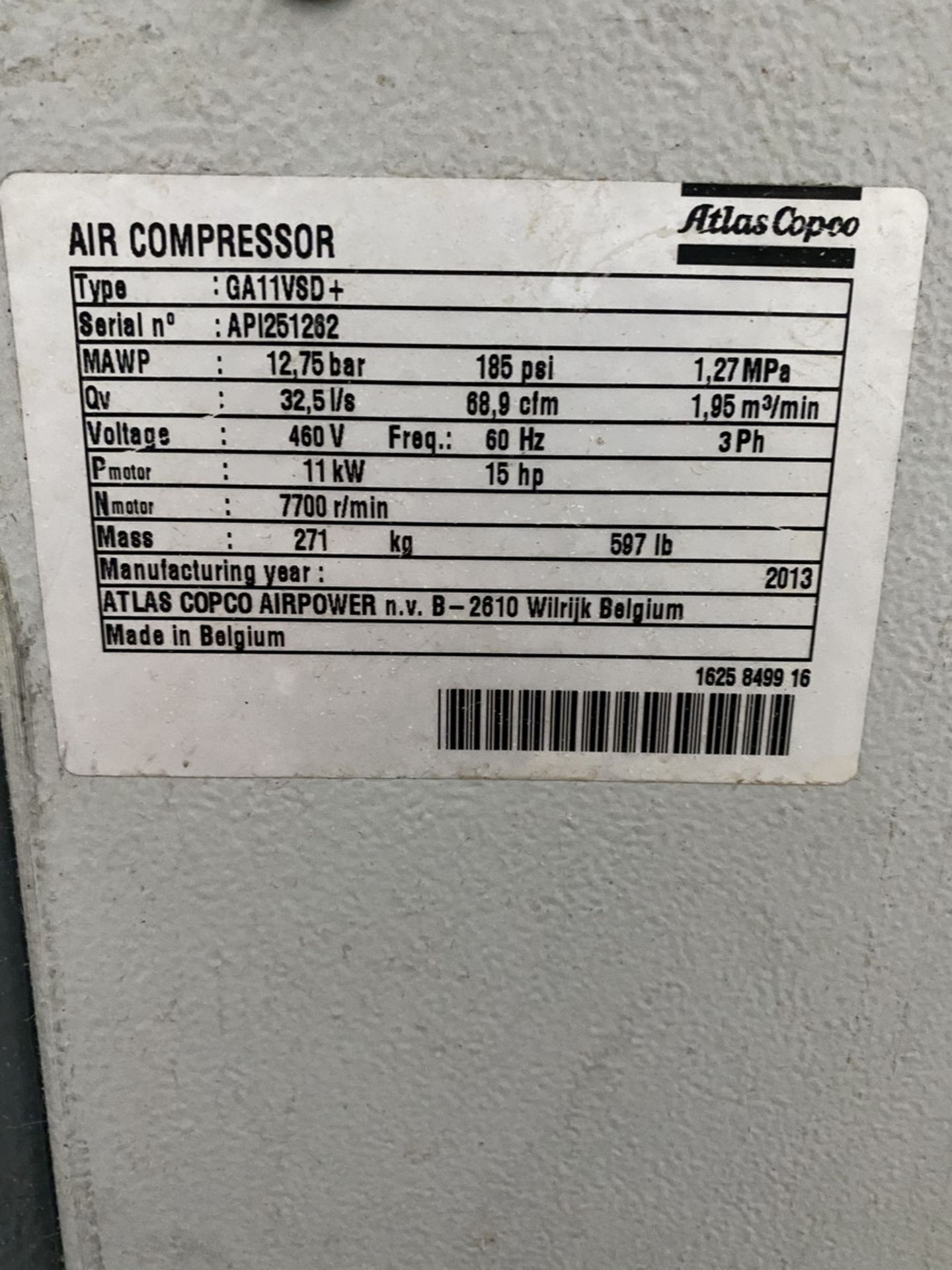 Atlas GA11VSD Air Compressor 12.75 Bar, 185 PSI, 480V, 15Hp, 7700r/min ( Late Pickup Item) - Image 4 of 4