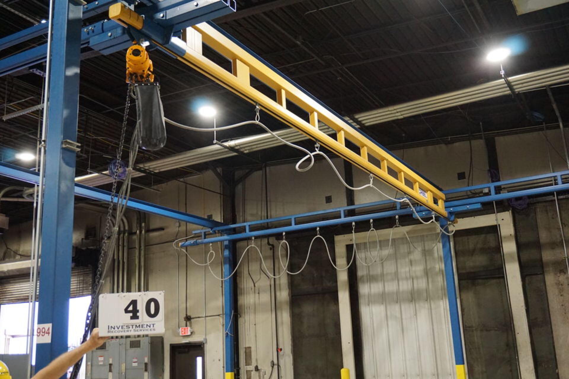 GORBEL COMPLETE SELF SUPPORTING BRIDGE CRANE SYSTEM W/ 1 TON AIR HOIST APPROX 27' X 38' X 15' TALL