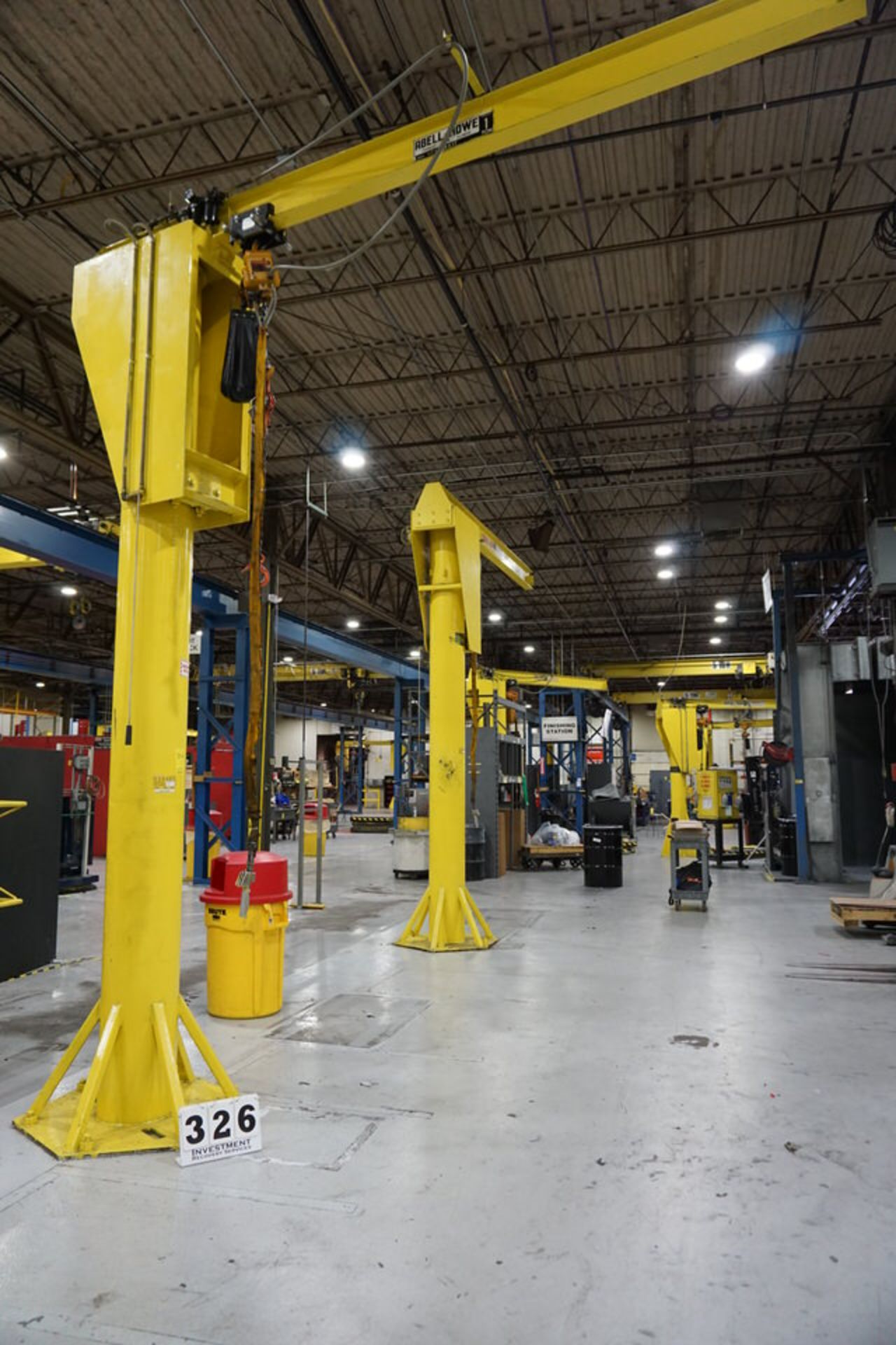 FLOOR MOUNT JIB CRANE, COLUMN APPROX 14" X 14' X 11' ARM W/ 1 TON AIR HOIST