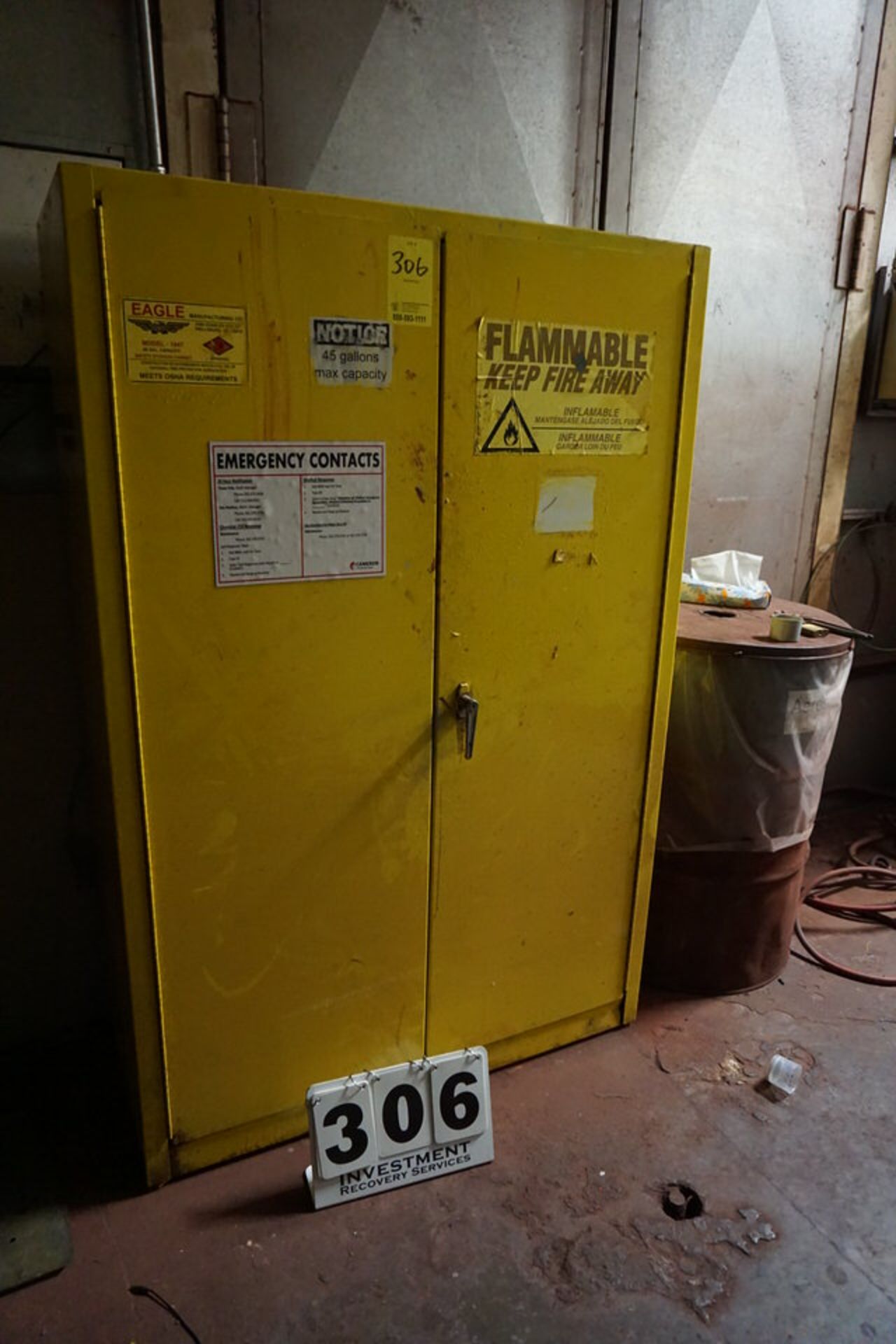 FLAMMABLE CABINET, 45 GAL CAP, 2 DOOR STORAGE CABINET, LADDER, VAC & POWER PUMP