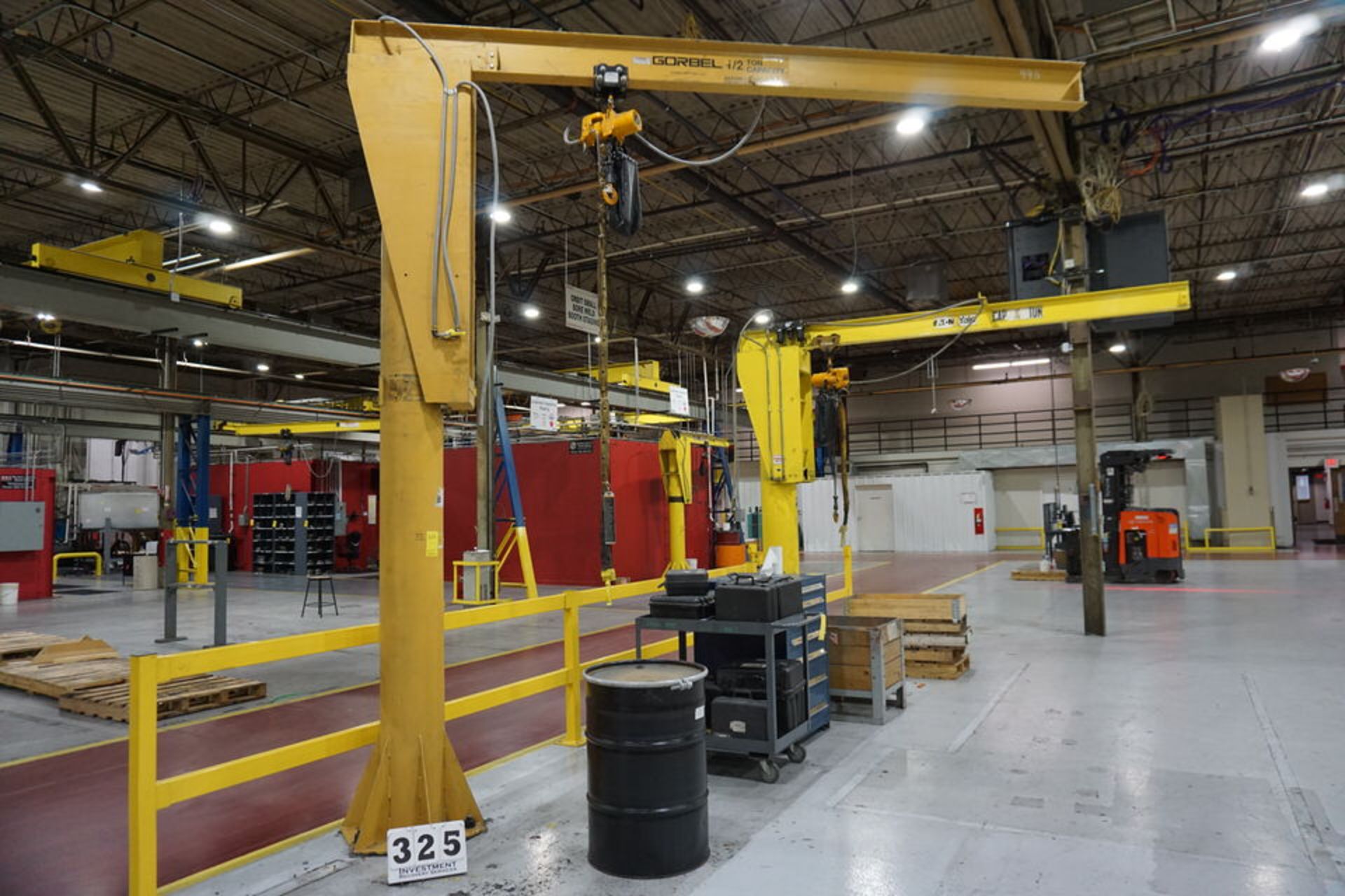 FLOOR MOUNT JIB CRANE, COLUMN PPROX 13" X 13' X 12' ARM W/ 1/2 TON AIR HOIST