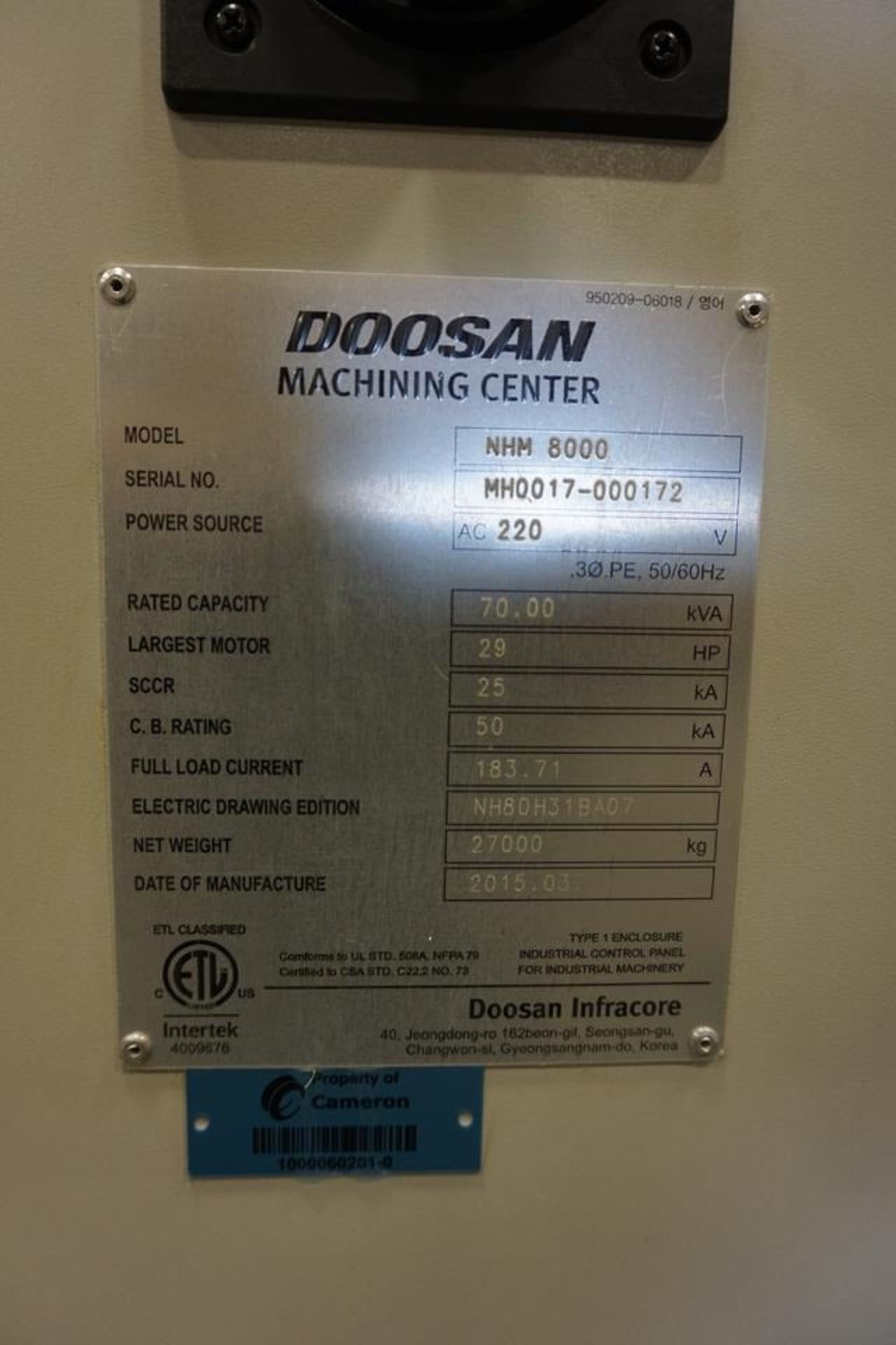 2015 Doosan NHM 8000 Horizontal Machining Center, 159 Cutting Hours - Image 16 of 20