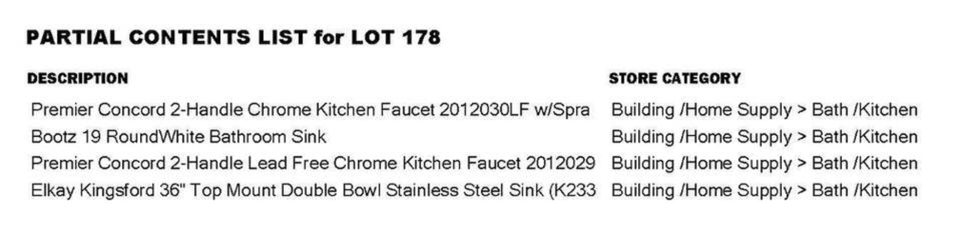 LOT of Premier Kitchen Faucets, Bootz Round White Bath Sink, Kingsford Double Stainless Steel Sink - Image 2 of 2