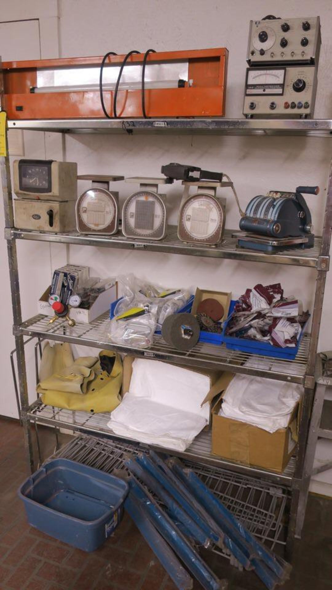 LOT of Tyvec Suits, Scales, Misc. Other Items + Wire 4-Shelf Stainless Steel Storage Unit