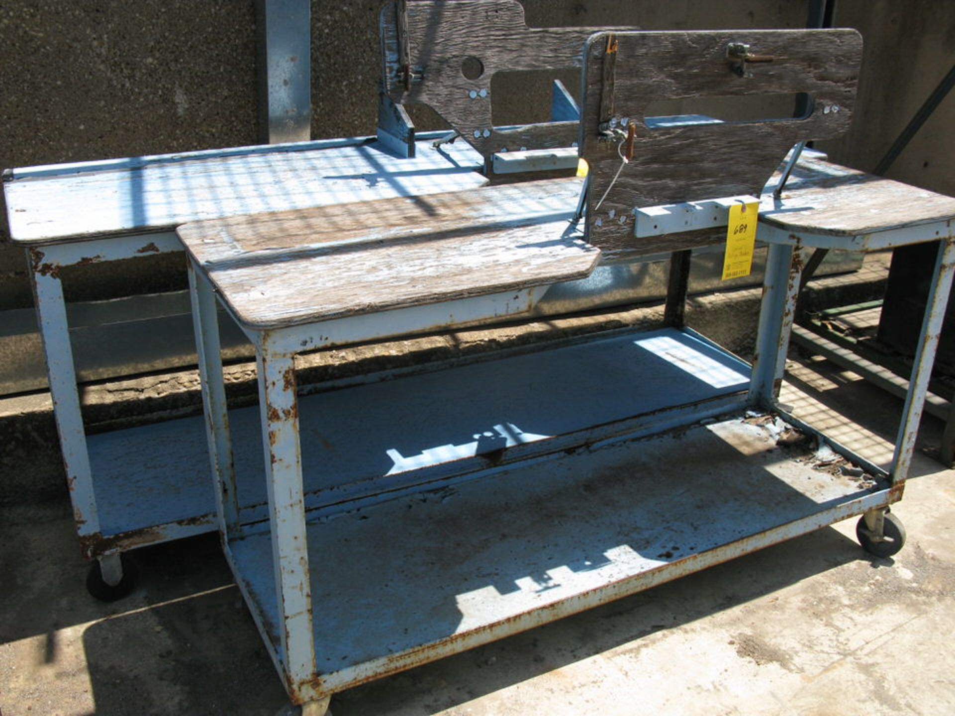 (2) Blue Metal Rolling Carts with Wood Tops & Flip-up Panel with Cut-Out