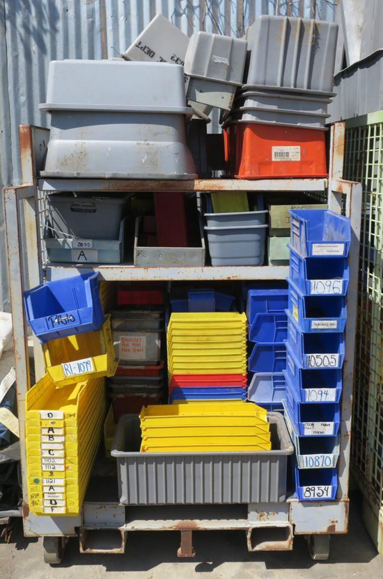 LOT of Misc. Plastic Bins + Gray 3-Shelf Rolling Rack with Forklift Tine Slots