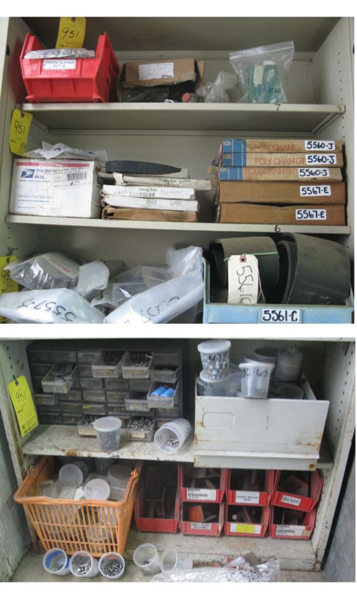 Tan 7-Shelf Bookshelf + CONTENTS (Misc. Belts, Tools, Hardware, Fasteners)