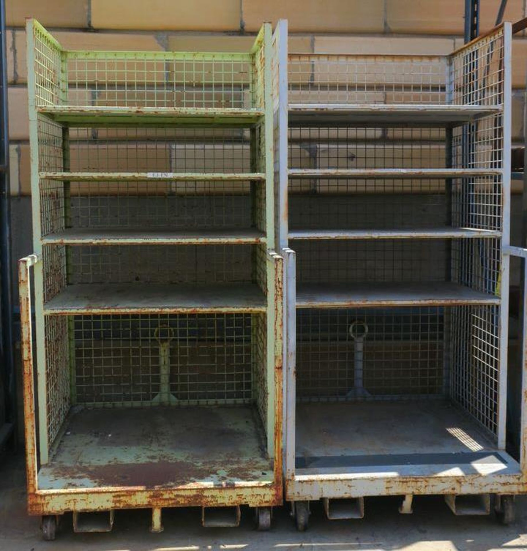 (2) 5-Shelf 3-Sided Wire Mesh Rolling Carts with Forklift Tine Slots