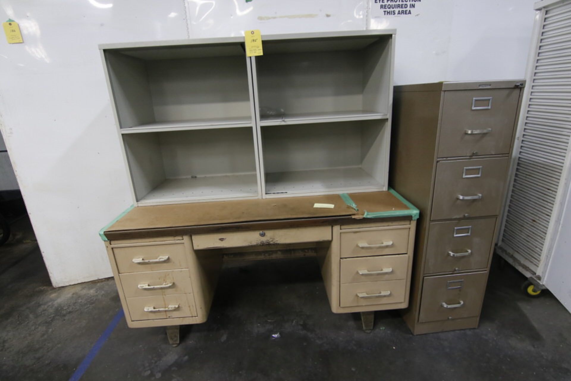 Lot: Shop Desk, Open Face Shelves, File Cabinet