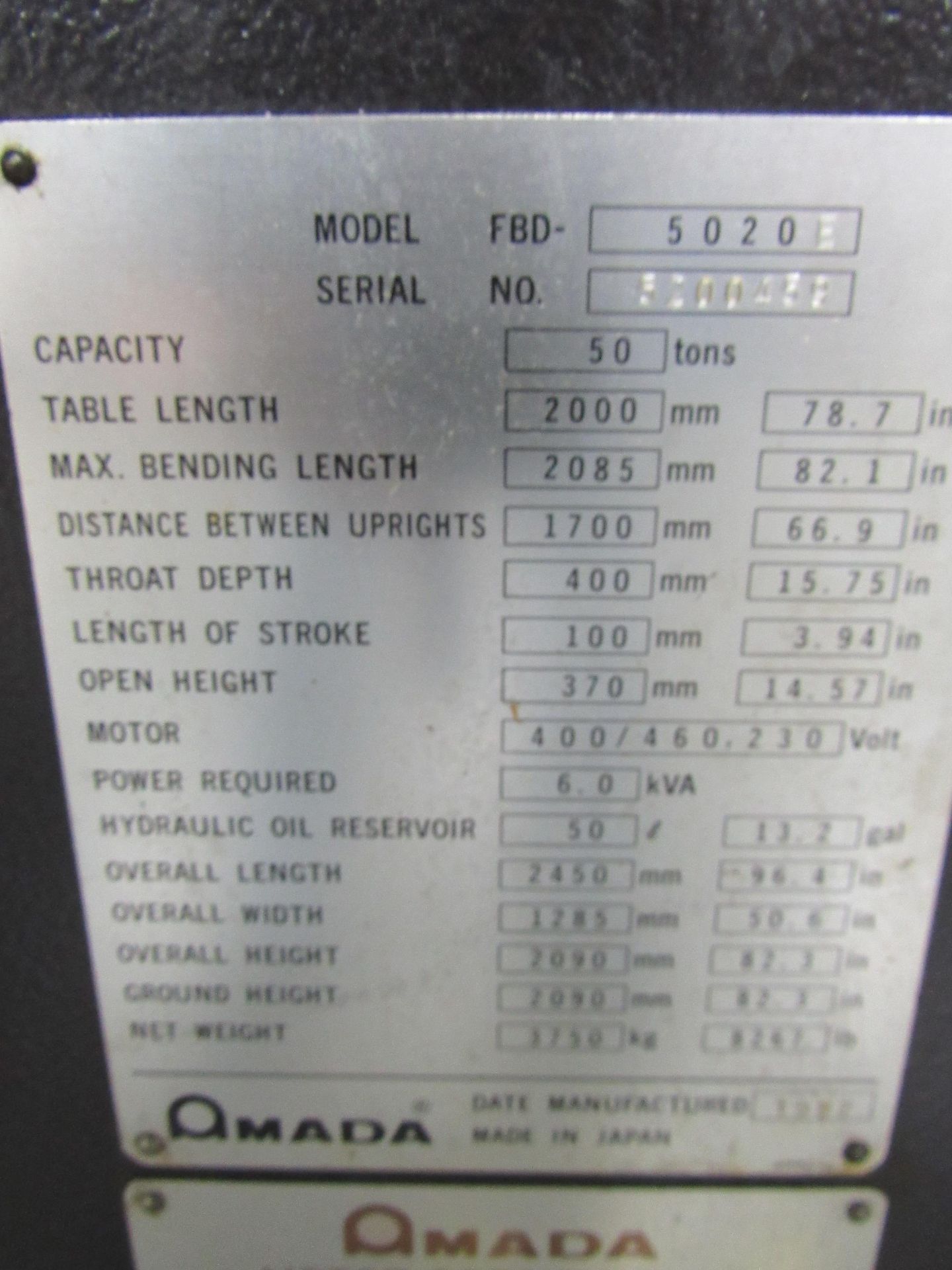 55 Ton x 78.74” Amada FBD5020E Press Brake - Image 7 of 7
