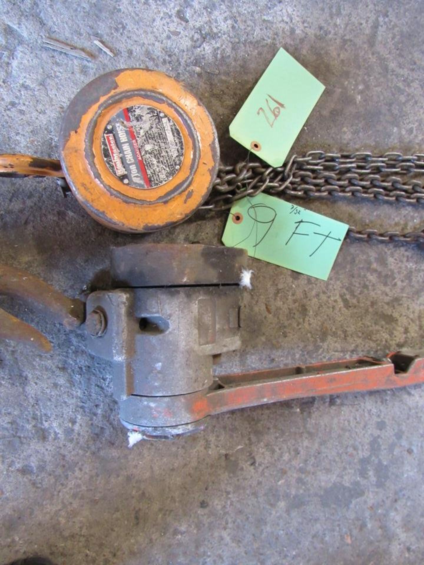 Lot of 2 Hoists: (1) Haulmaster 1 Ton Hoist with 9 ft chain S/N 35236; (1) Hoist only - Info N/A