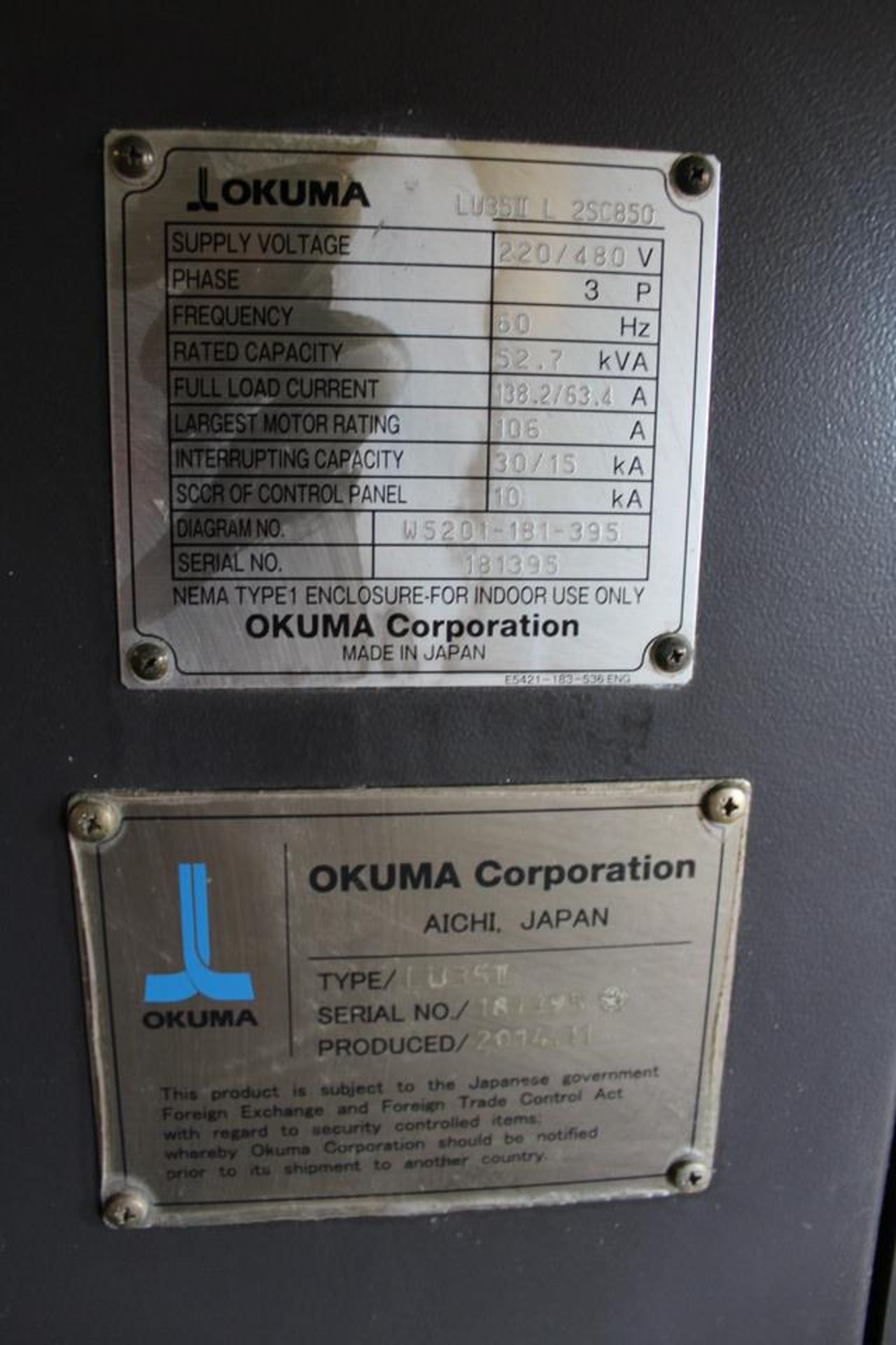 2014 OKUMA LU35II X 850MM DUAL TURRET CNC LATHE - Image 12 of 13