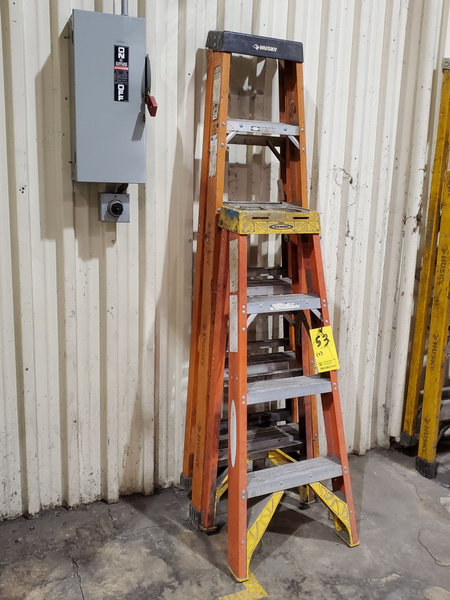 (2) Fiberglass Step Ladders 375lbs Cap (1) 6' Husky, (1) 4' Werner