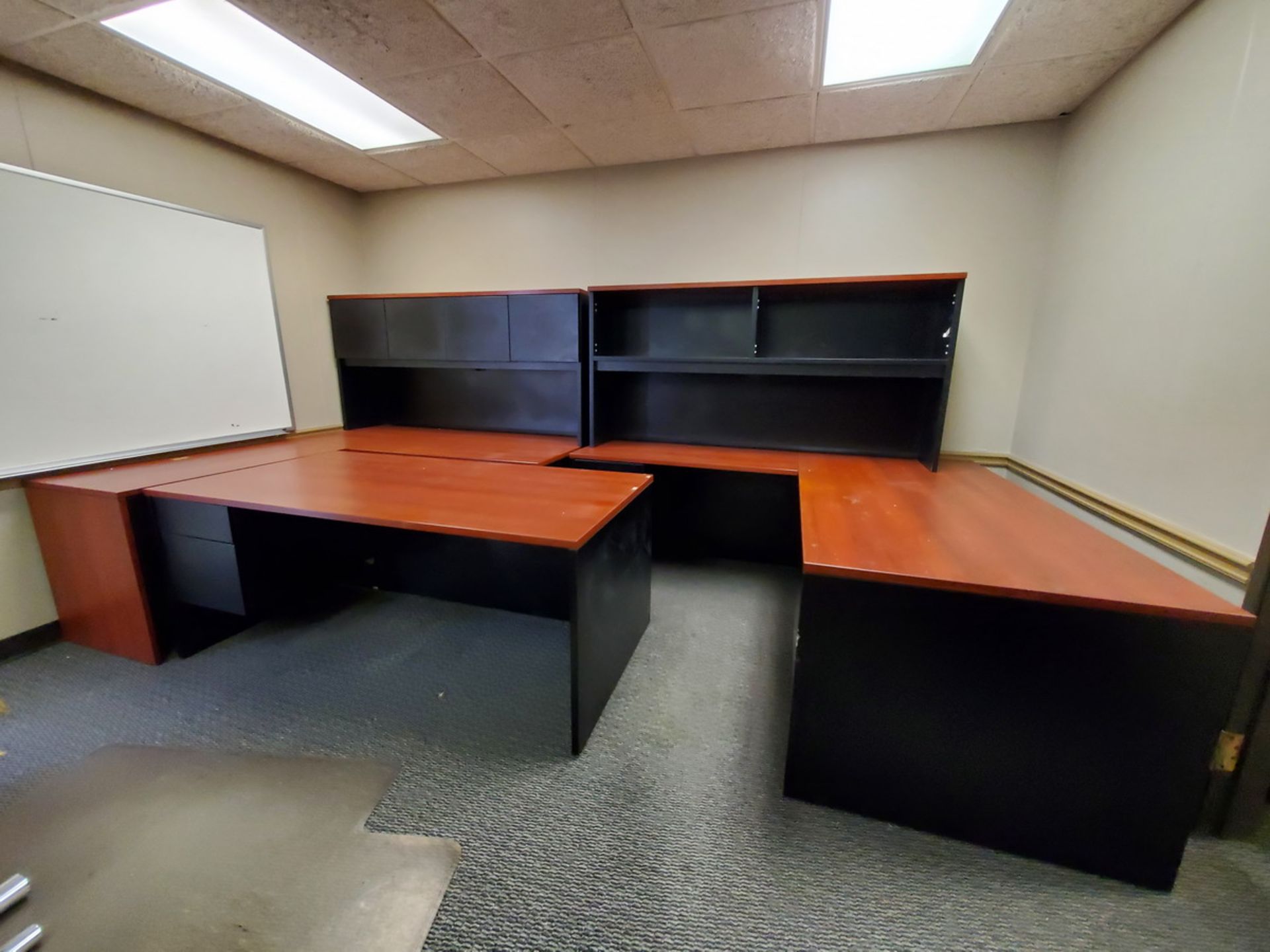 Office Furniture (2) 2-Piece Desk W/ 2-Drawer File Cabinets; (2) 4-Door Bookshelfs; (1) Desk W/ 2-