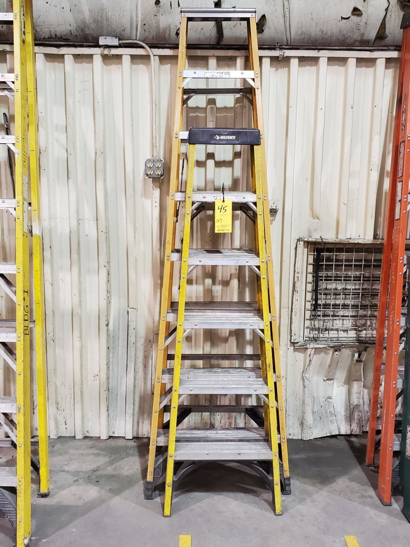 (2) Fiberglass Step Ladders 375lbs Cap (1) 8' Werner, (1) 6' Husky