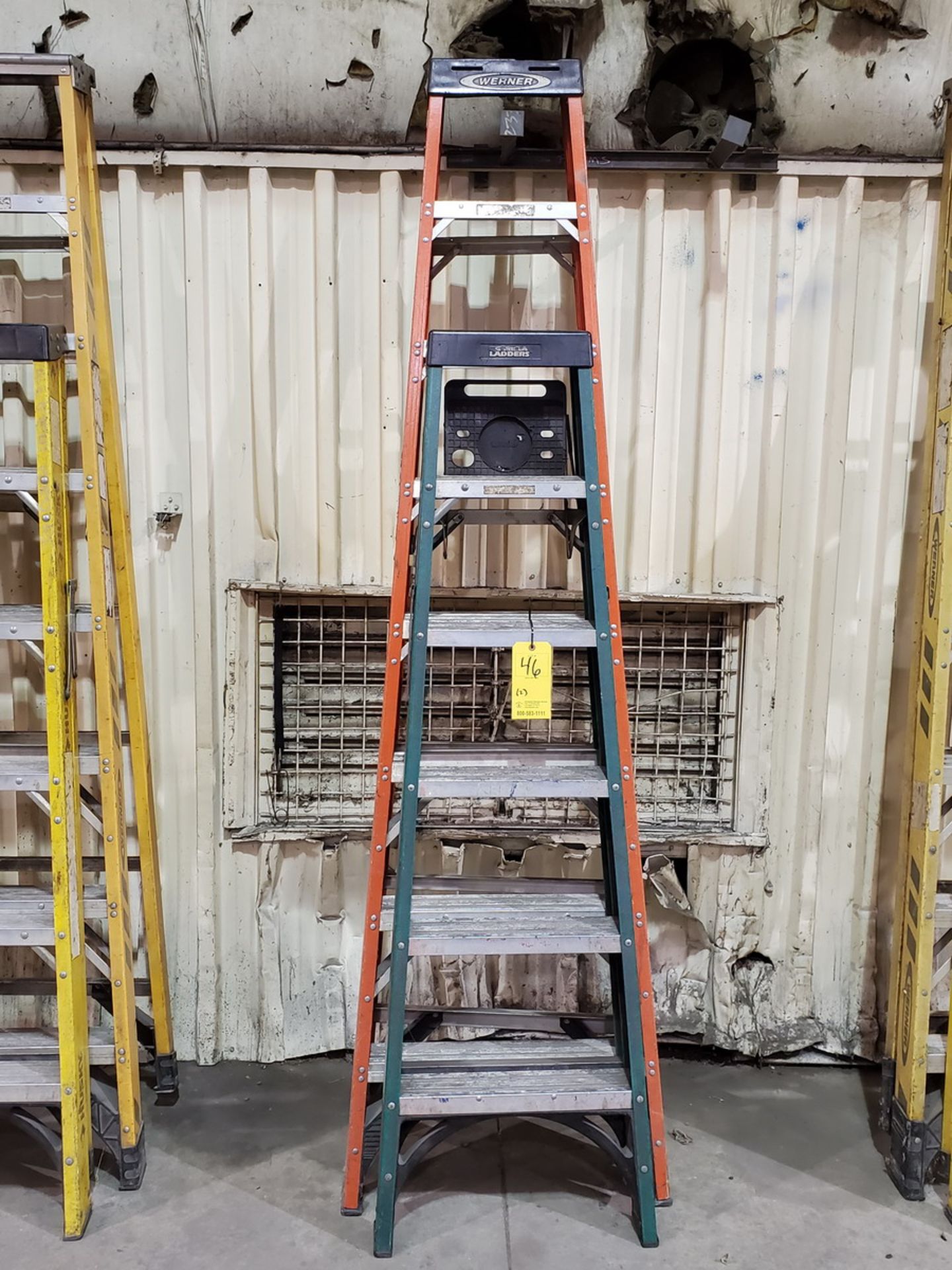 (2) Fiberglass Step Ladders 375lbs Cap (1) 8' Werner, (1) 6' Gorilla