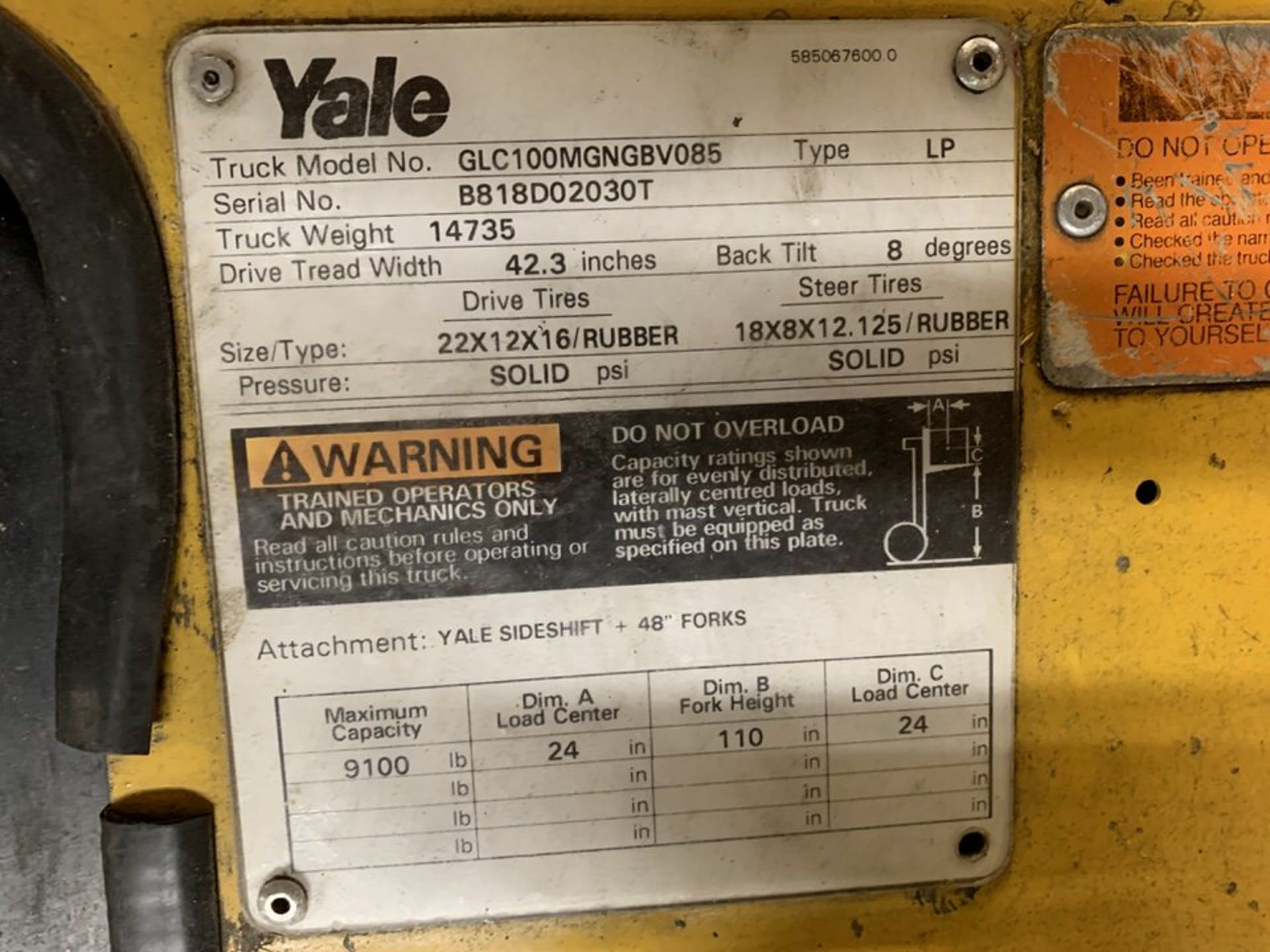 10,000 Lb. Yale Model GLC100MGNGBV085 LP Forklift - Image 5 of 6