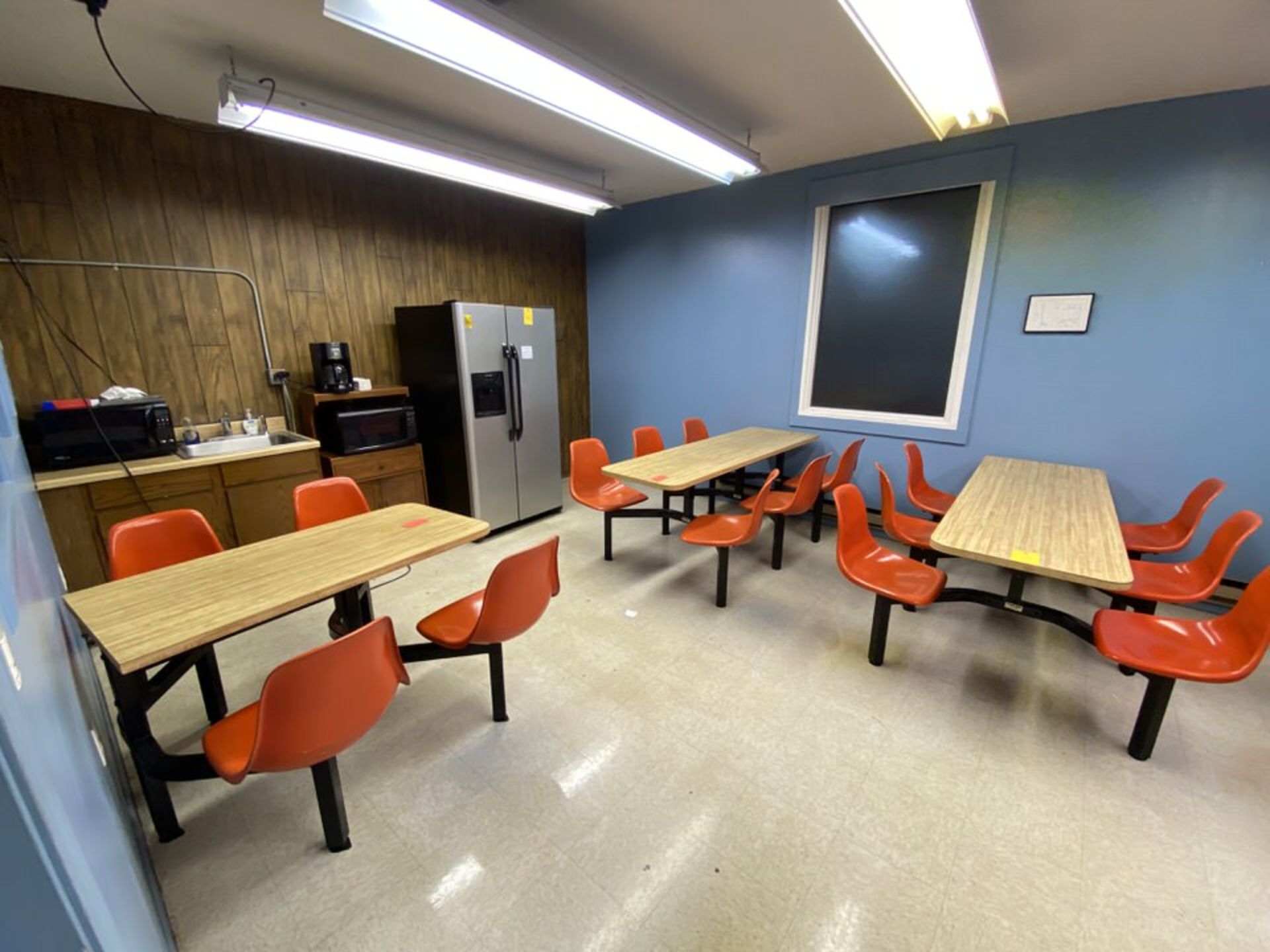 Lunch Room Contents: Tables, Chairs, Refrigerator, Microwave, Coffee Maker