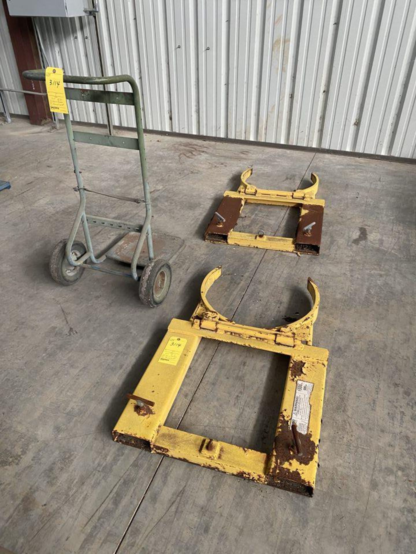 Lot of 3:(2) Wesco Fork Mounted Drum Grabs capacity 1500 # each; (1) Barrell Cart