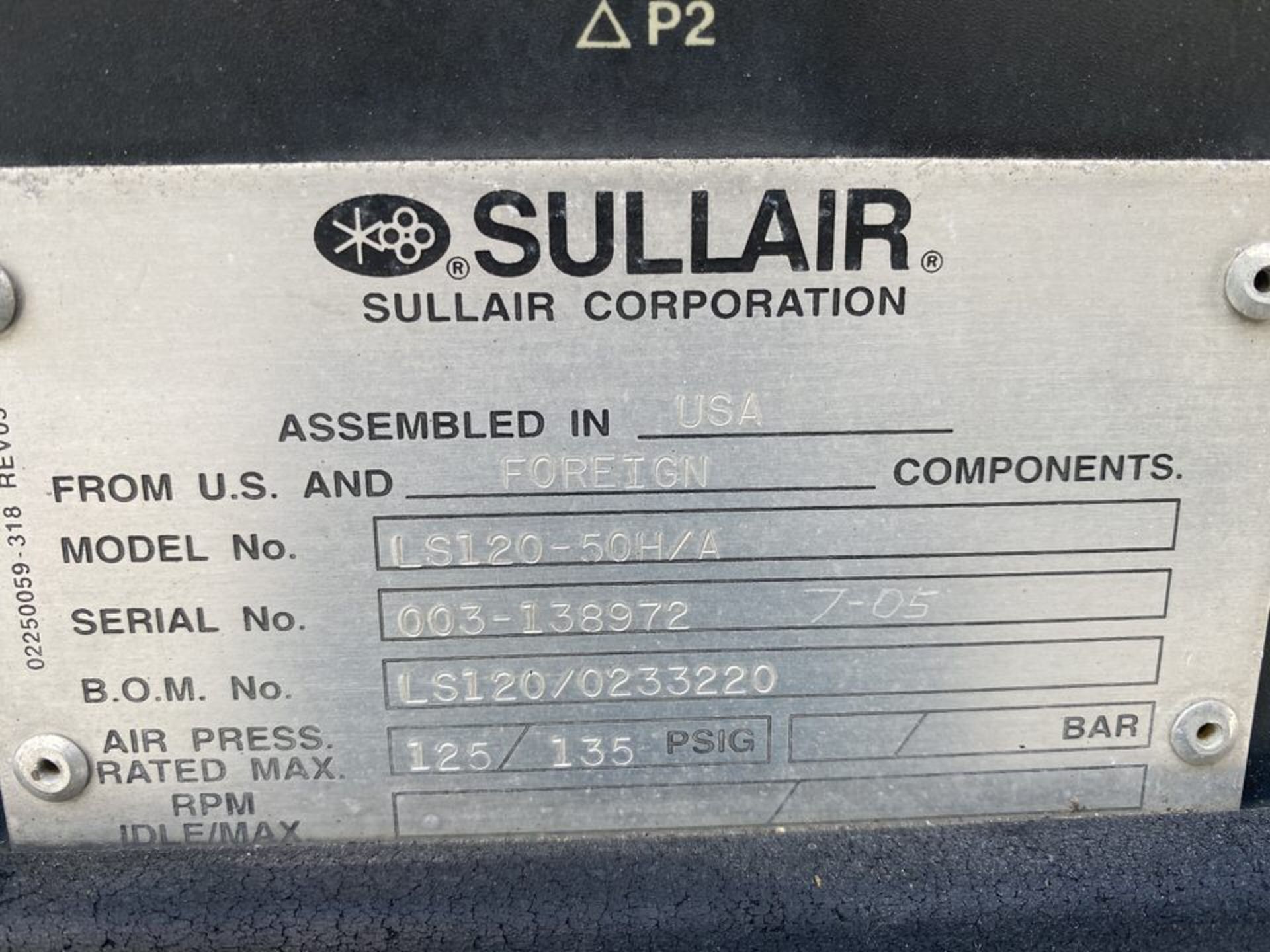 Sullair Model LS12050HH/A Air Compressor with Air Dryer