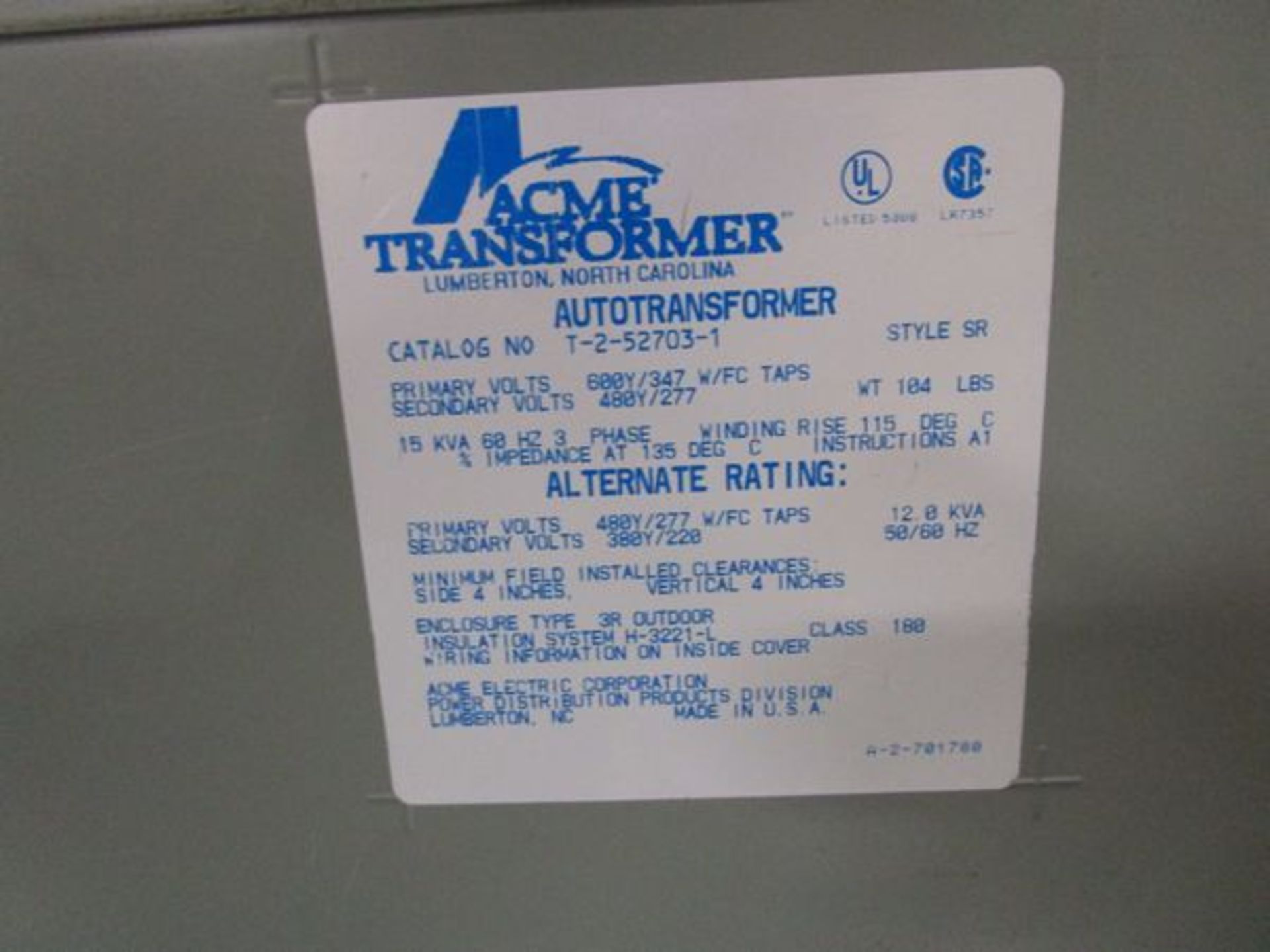 Lot GE HD Safety Switch, Acme T-252703-1 Autotransformer, Acme T-2A-52717-1 Transformer - Image 5 of 6