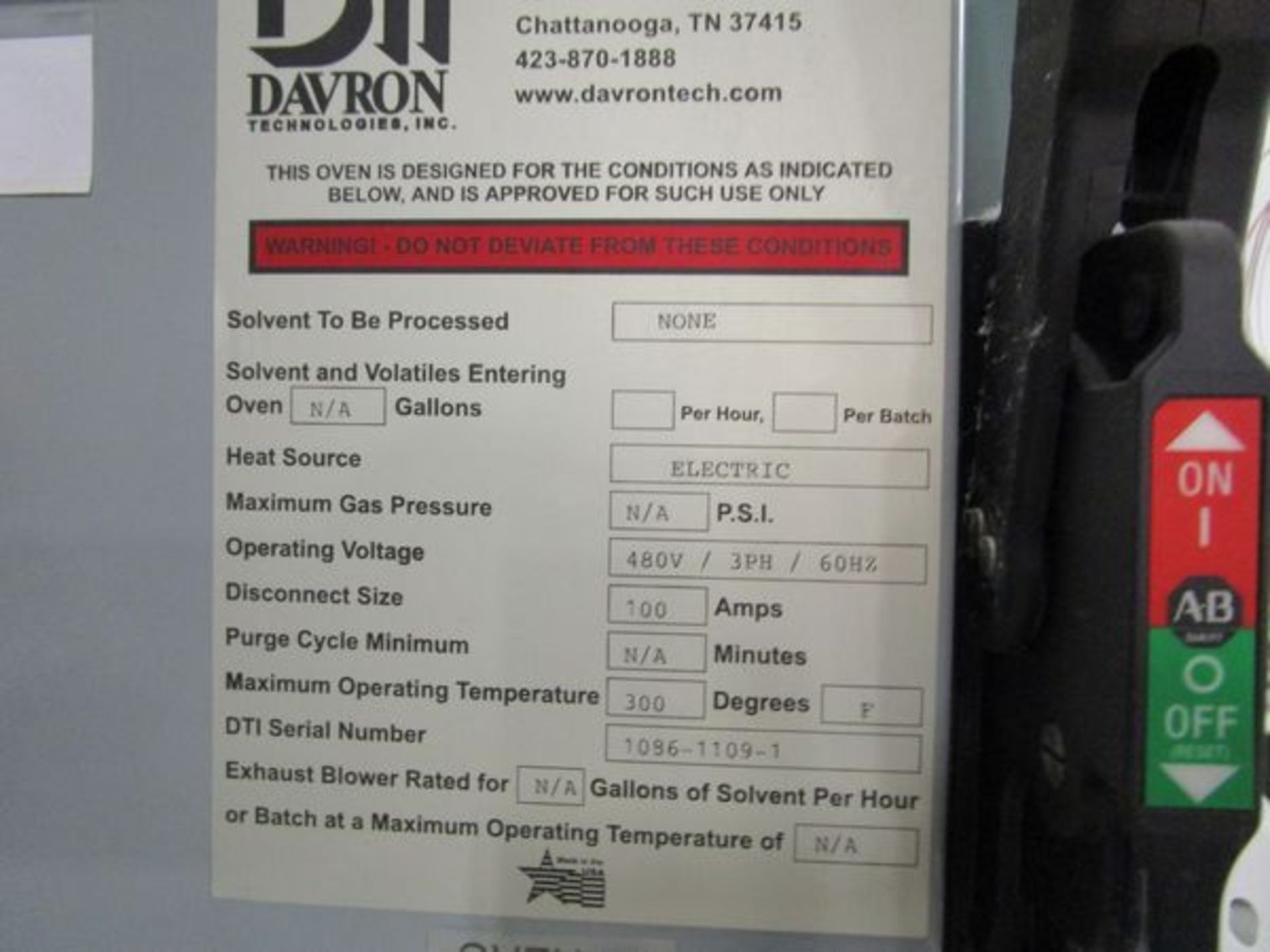 Davron DTI-1086 Electric Drive-In Oven s/n 1086-1109-1, 48" x 54", 300 Degrees F, 480V - Image 4 of 7