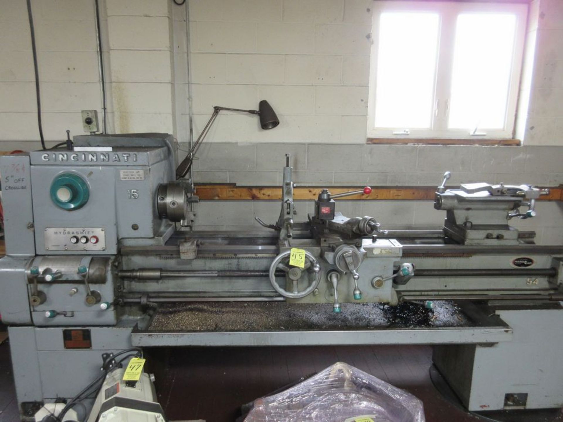 Cincinnati Hydrashift 15 15" x 54" Lathe, S/N 1W3H5K-140, 8" 3-Jaw Chuck, Steady Rest, Tailstock,