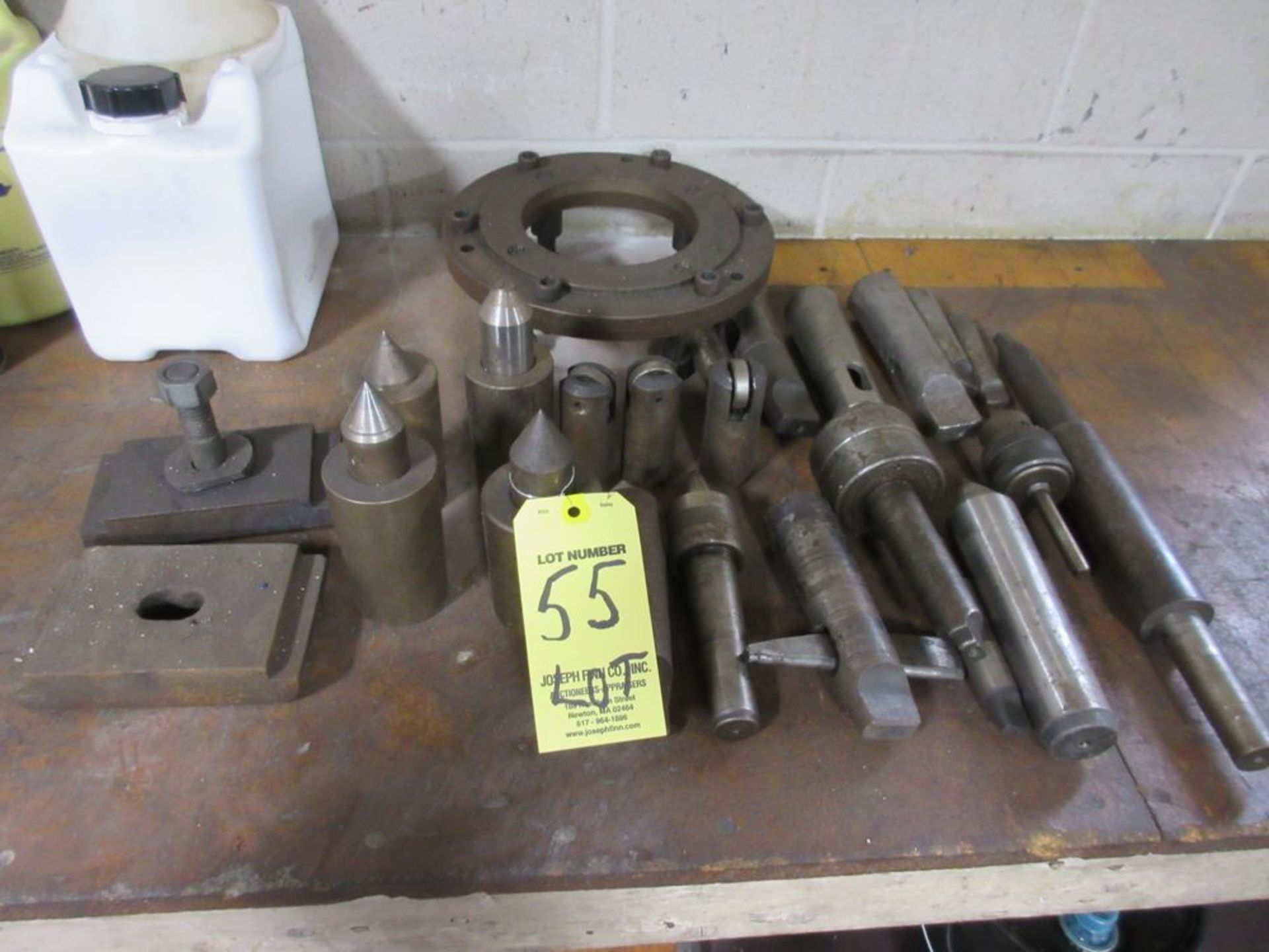 LOT Asst. Lathe Tooling Including Live Spindles, Chuck, Plate on Bench