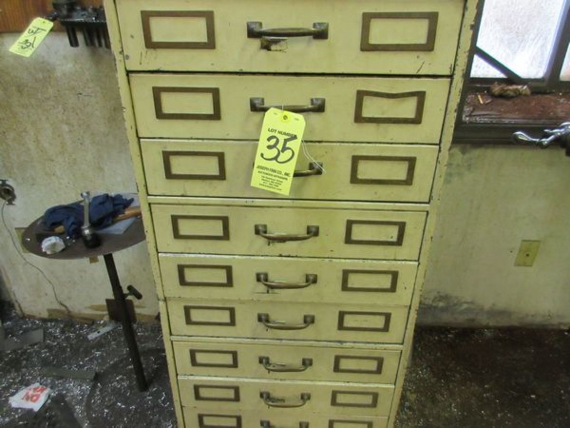 Lot (12) Drawer Cabinets w/ Drills, Reamers, Taps, Dies, Boring Head, Cutters, Etc.