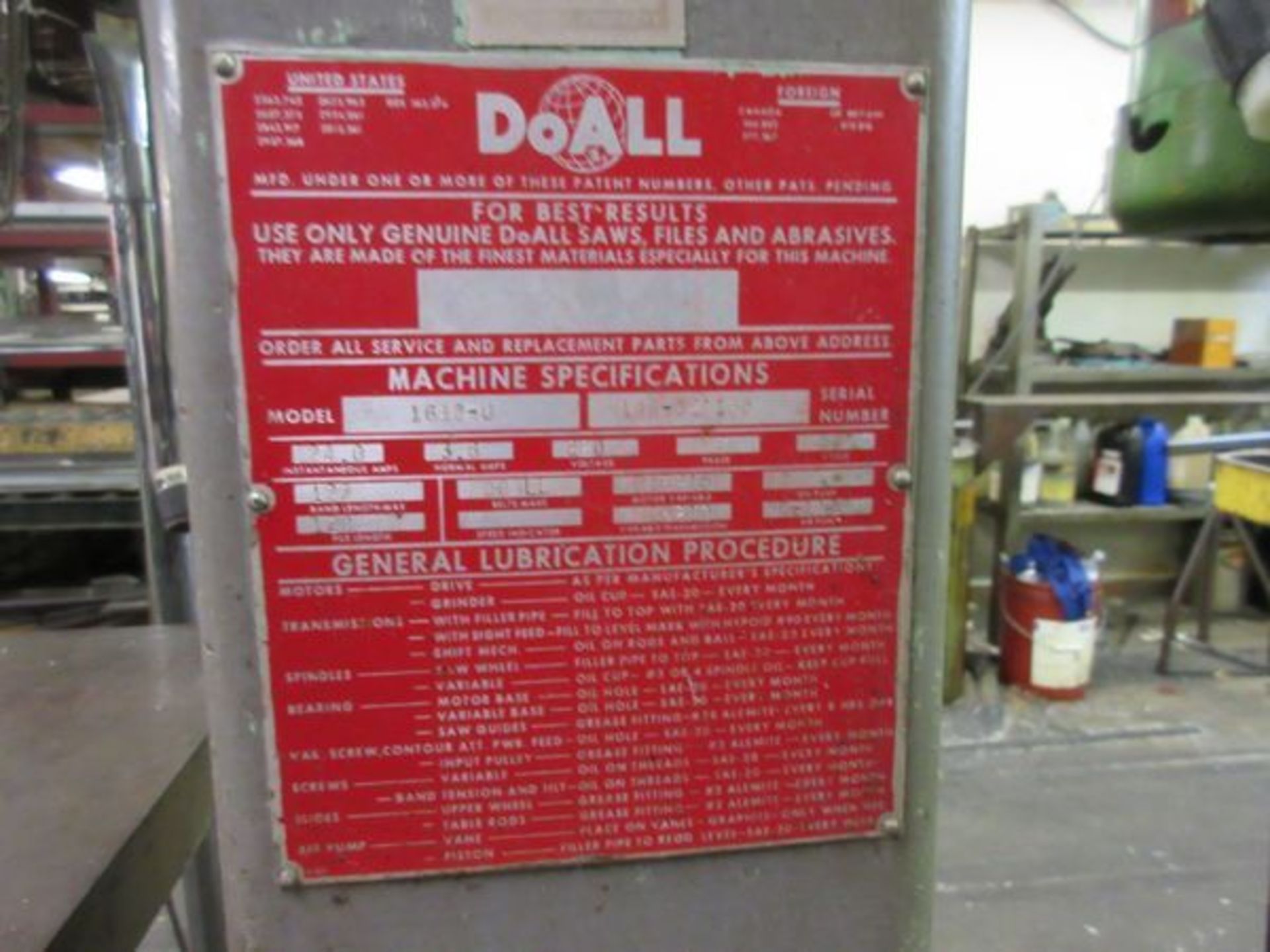 1962 DoAll 1612-V Vert. Band Saw, S/N 146-621165 - Image 2 of 2