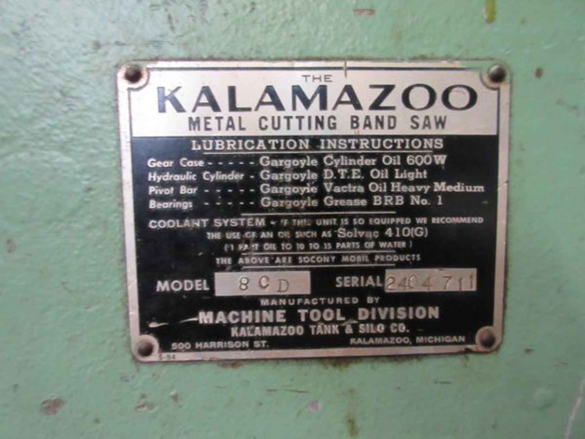 Kalamazoo #8CD Metal Cutting Horizontal Band Saw, S/N 2404-711 - Image 2 of 3