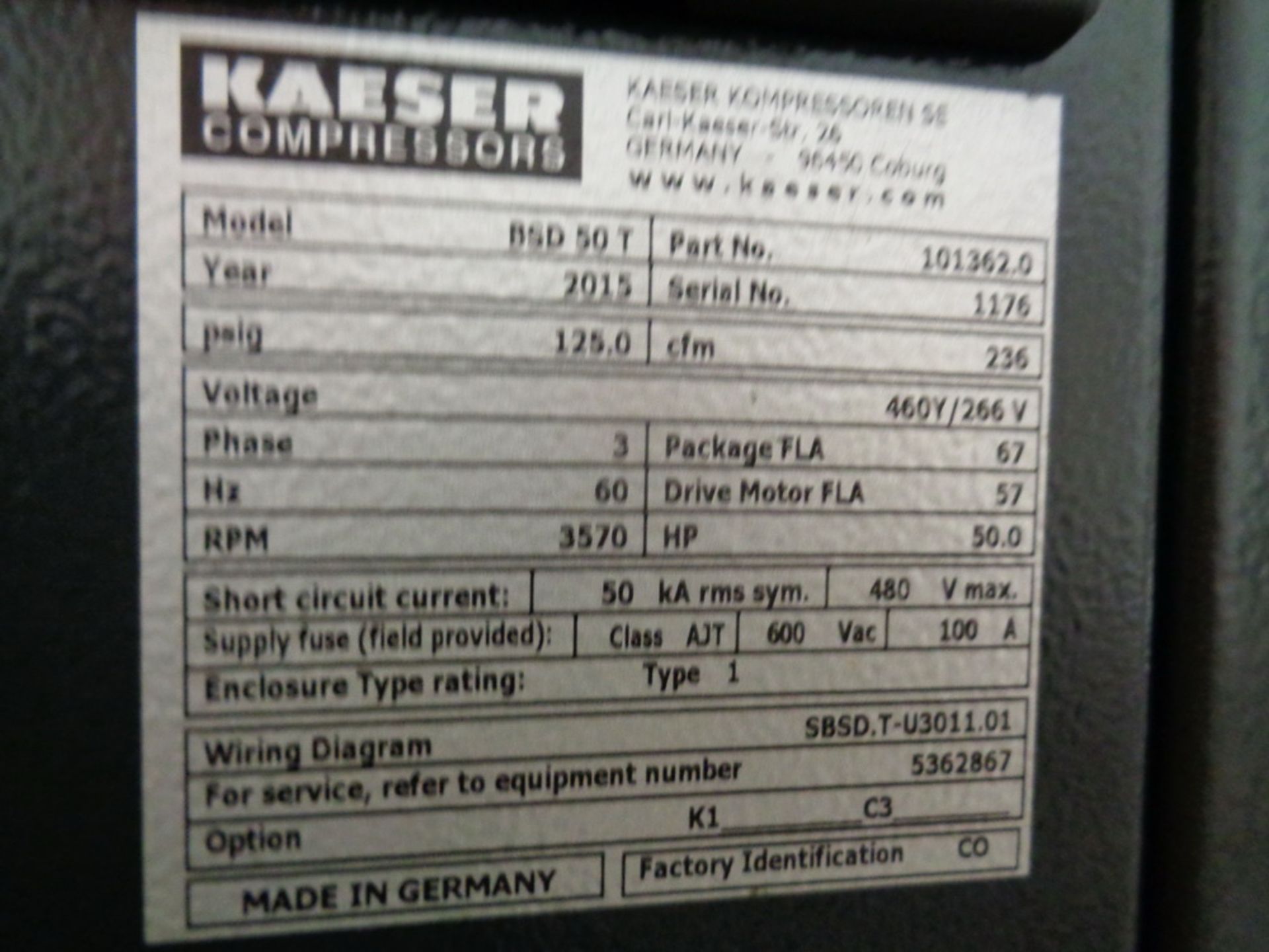 Kaeser 50HP Rotary Screw Compressor, Model SD50T, S/N 1176, new 2015 - Image 4 of 7