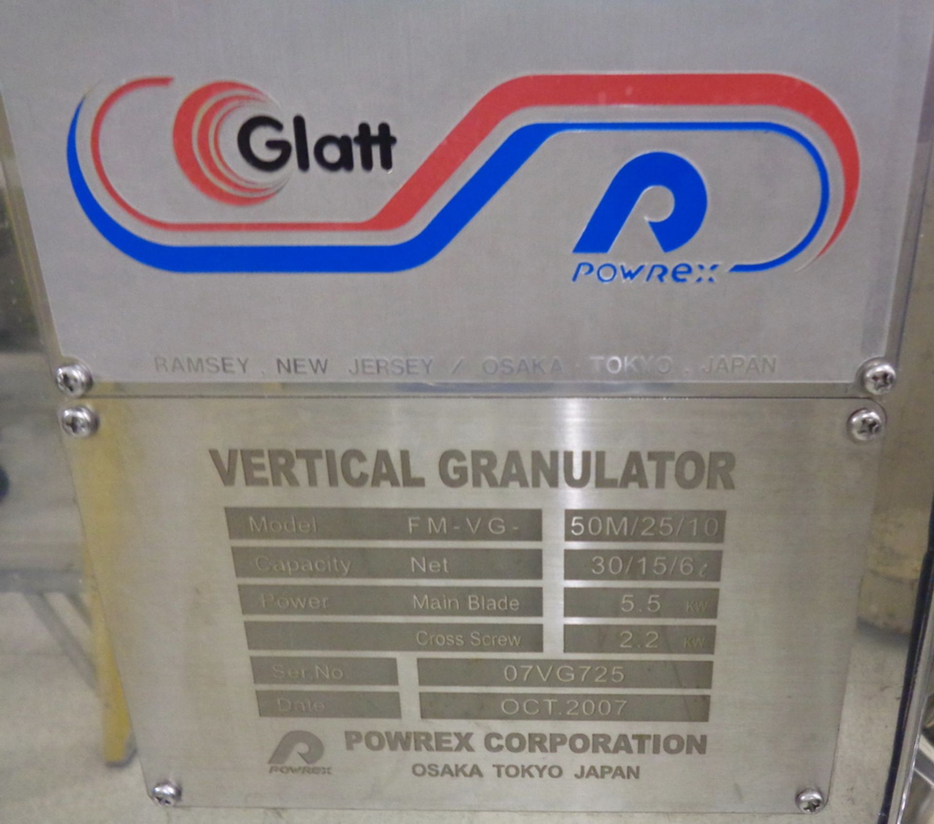 Glatt High Shear Vertical Granulator, Model FM-VG-50M, S/N 07VG725, new 2007 - Image 6 of 18